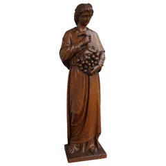 Antique Hand Carved Oakwood Church Sculpture of a Saint Holding a Grape Bunch