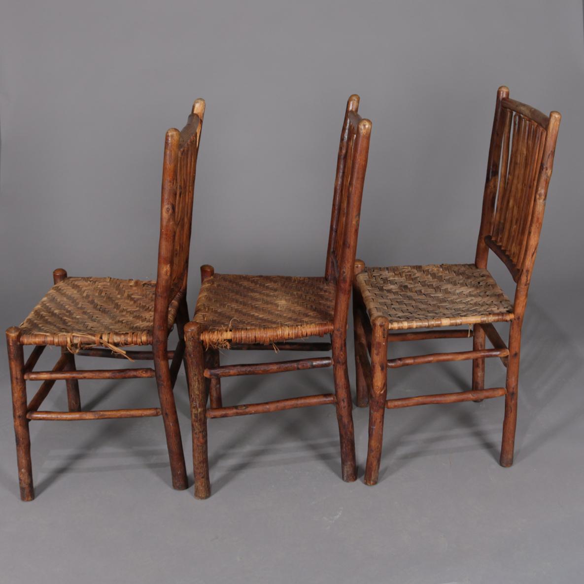 American Antique Hand Carved Old Hickory Adirondack Branch & Rush Side Chairs, circa 1900