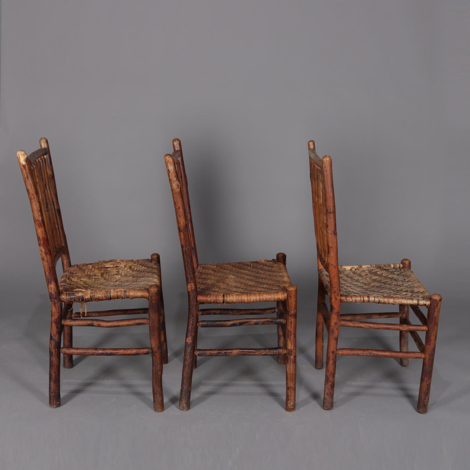 Hand-Carved Antique Hand Carved Old Hickory Adirondack Branch & Rush Side Chairs, circa 1900
