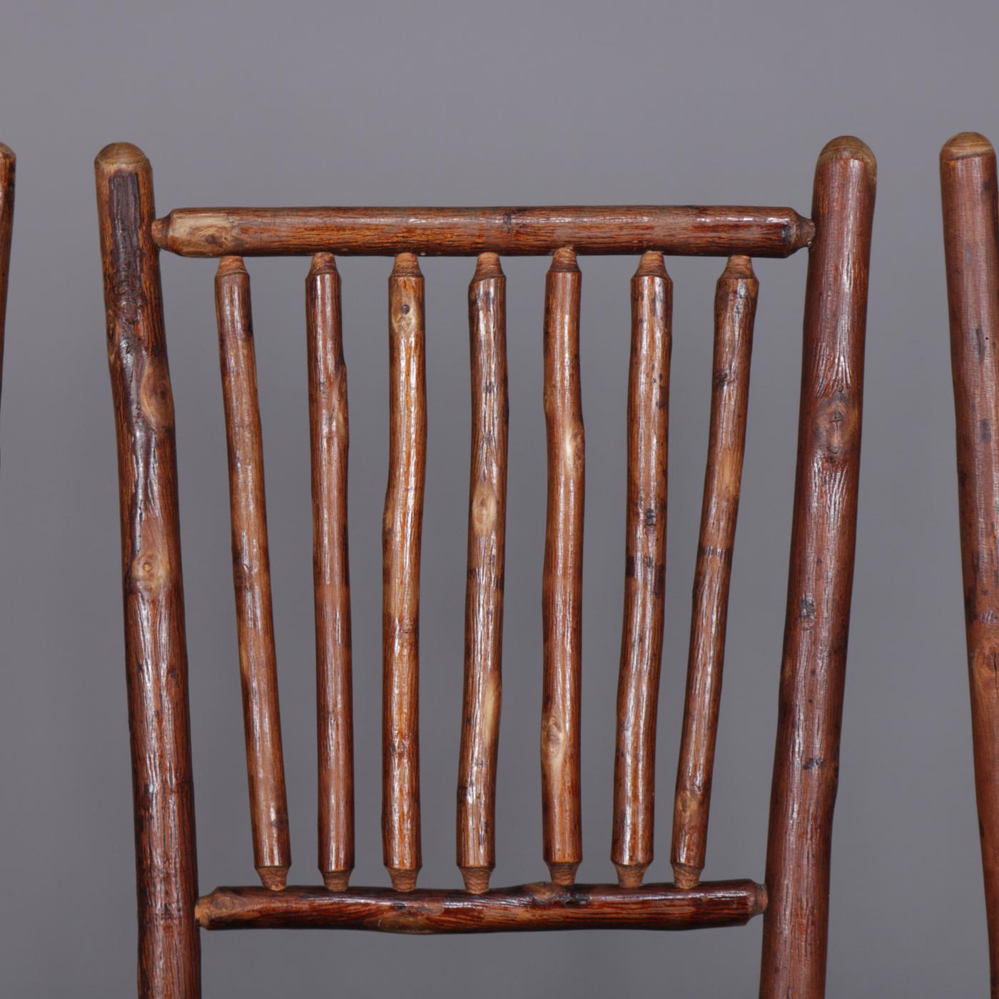 Antique Hand Carved Old Hickory Adirondack Branch & Rush Side Chairs, circa 1900 In Good Condition In Big Flats, NY