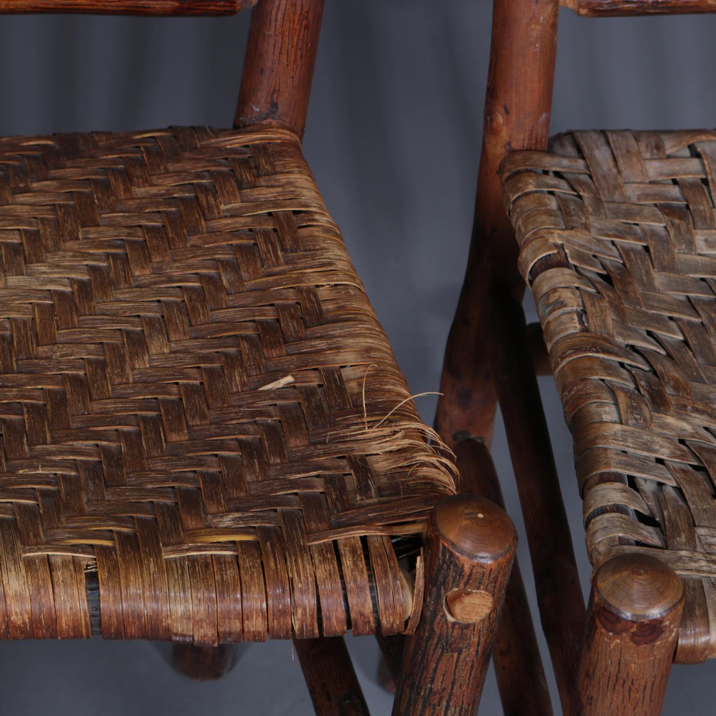 Antique Hand Carved Old Hickory Adirondack Branch & Rush Side Chairs, circa 1900 1