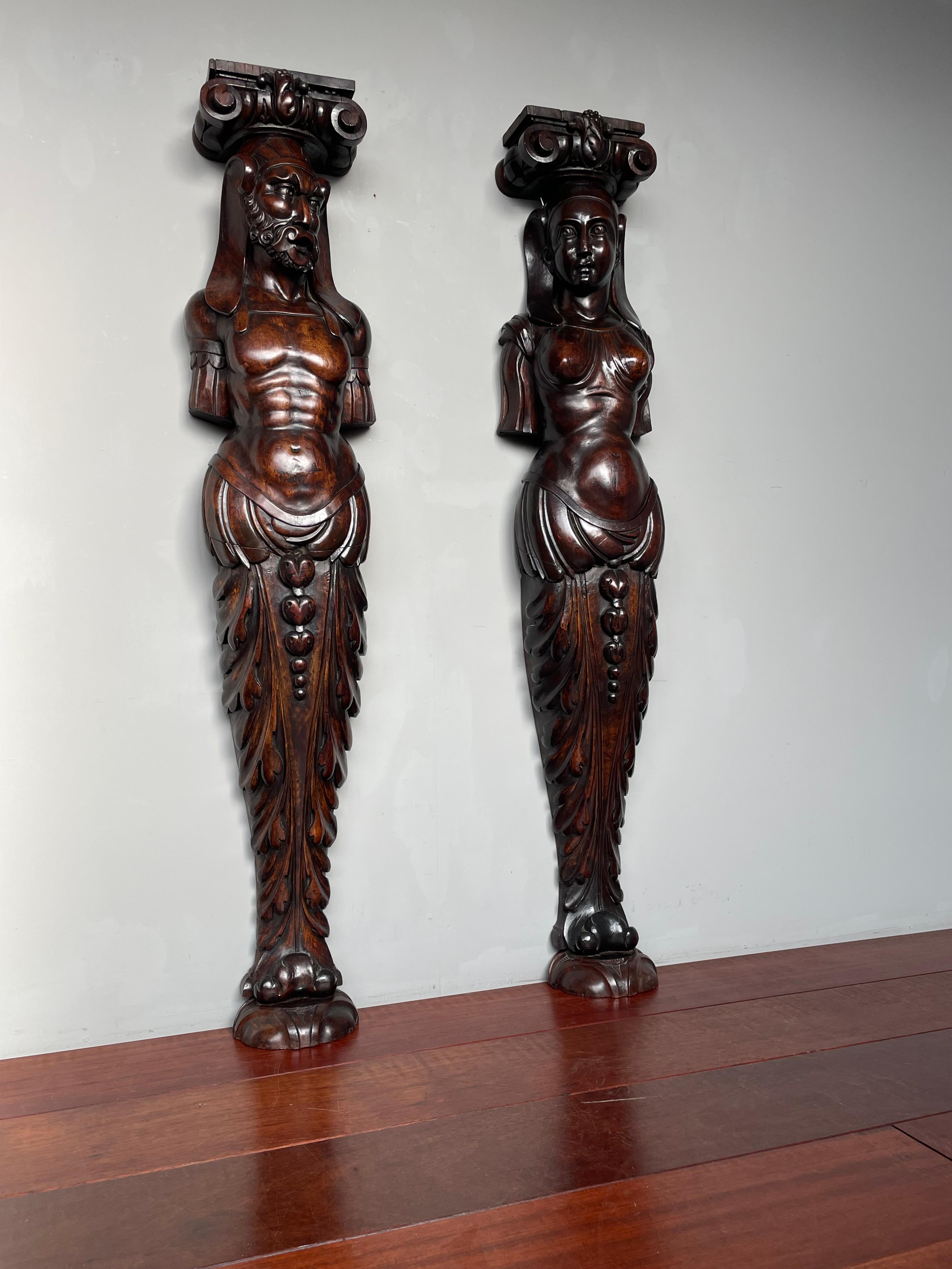 Antique Hand Carved Pair of Nutwood Egyptian Male & Female Priest Sculptures For Sale 3
