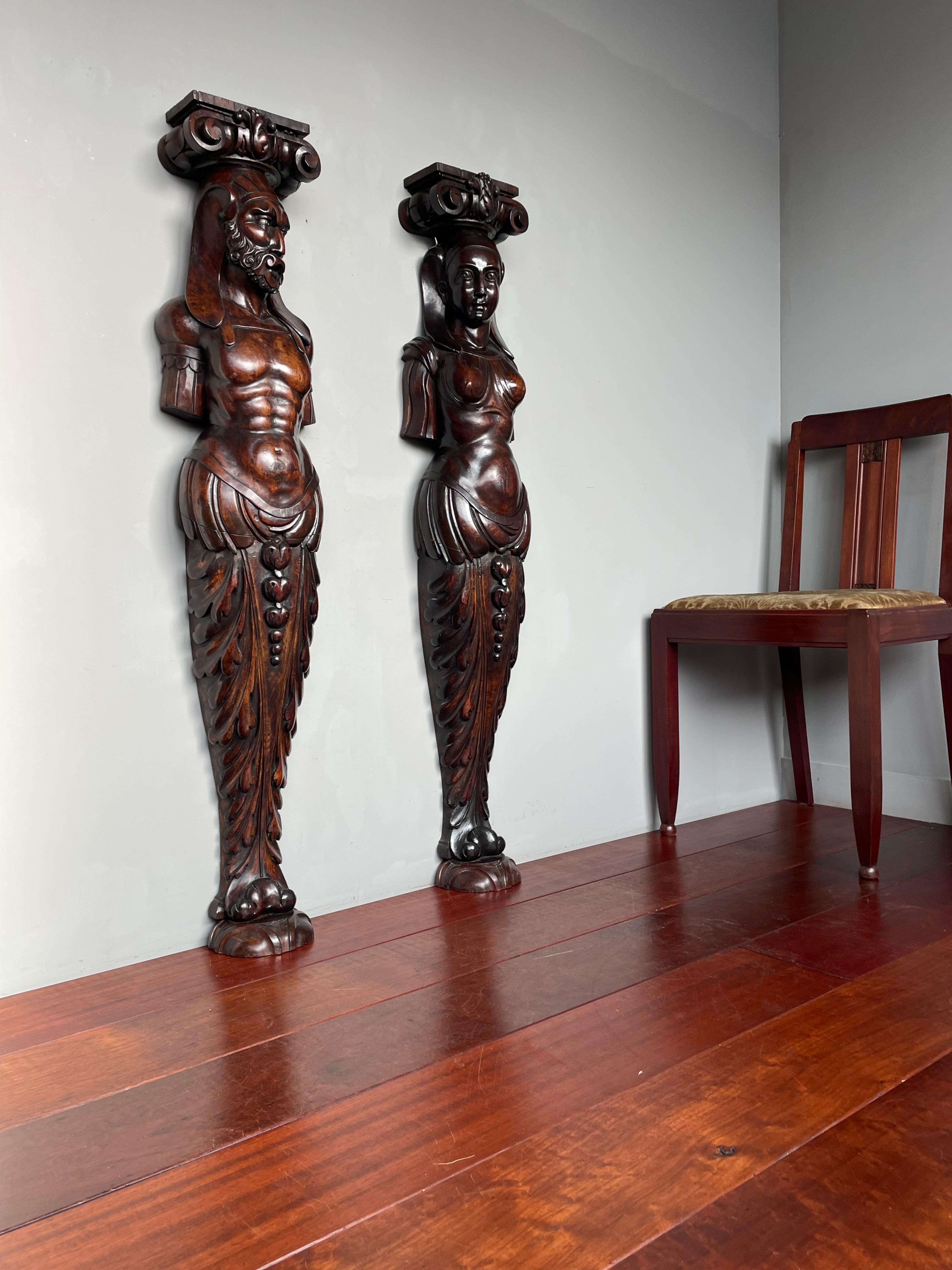 Stunning and almost 4 feet tall, Egyptian Revival wall sculptures.

This rare and striking pair of hand carved Egyptian sculptures is another great example of the quality of the craftsmanship of European artisans around the 1870s. Only the most