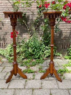 Antique Hand Carved Pair of Oak Gothic Revival Church Columns / Pedestal Stands