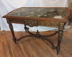 Antique Hand Carved Parcel-Gilt Walnut Napoleon III Marble-Top Table