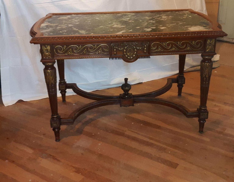 Hand-Carved Antique Hand Carved Parcel-Gilt Walnut Napoleon III Marble-Top Table For Sale