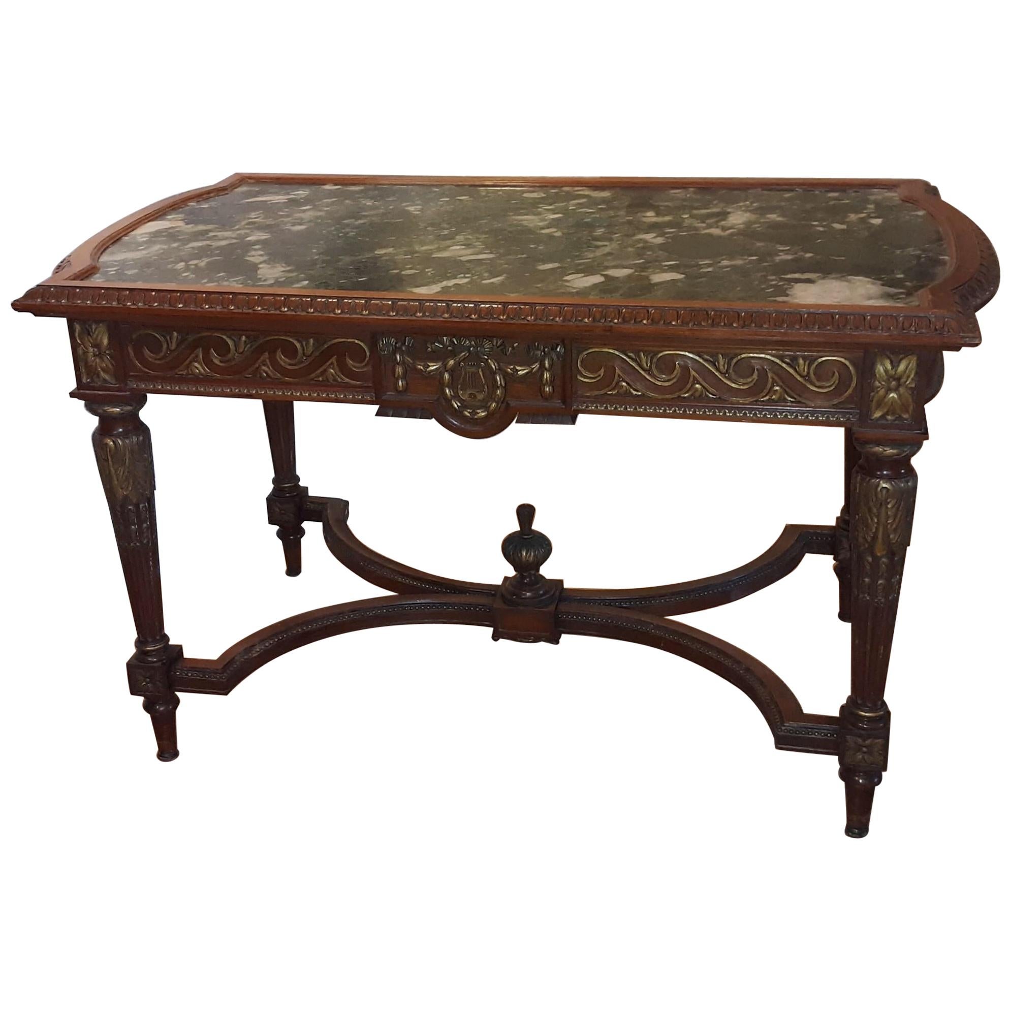 Antique Hand Carved Parcel-Gilt Walnut Napoleon III Marble-Top Table