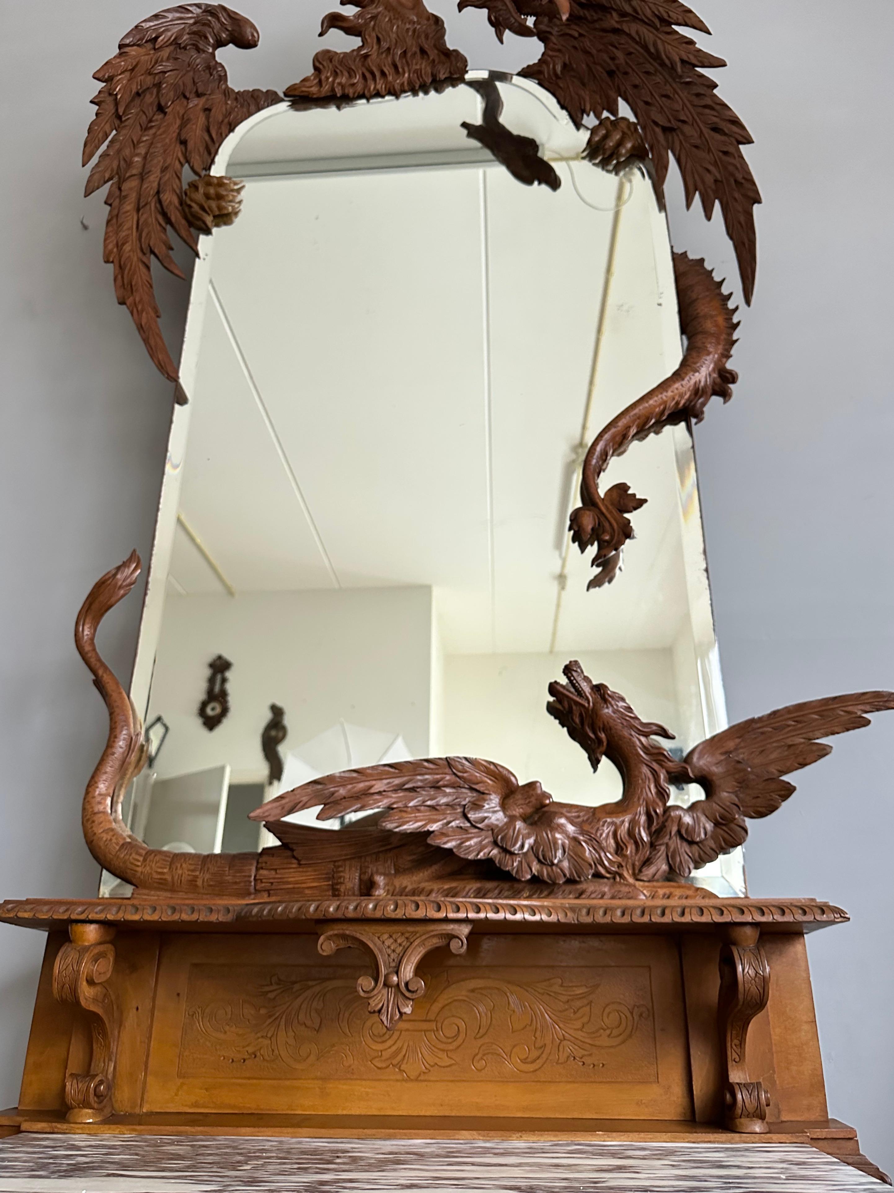 Antique Hand Carved Phoenix & Dragon w. Large Mirror Side Table Entry Hall Stand For Sale 3