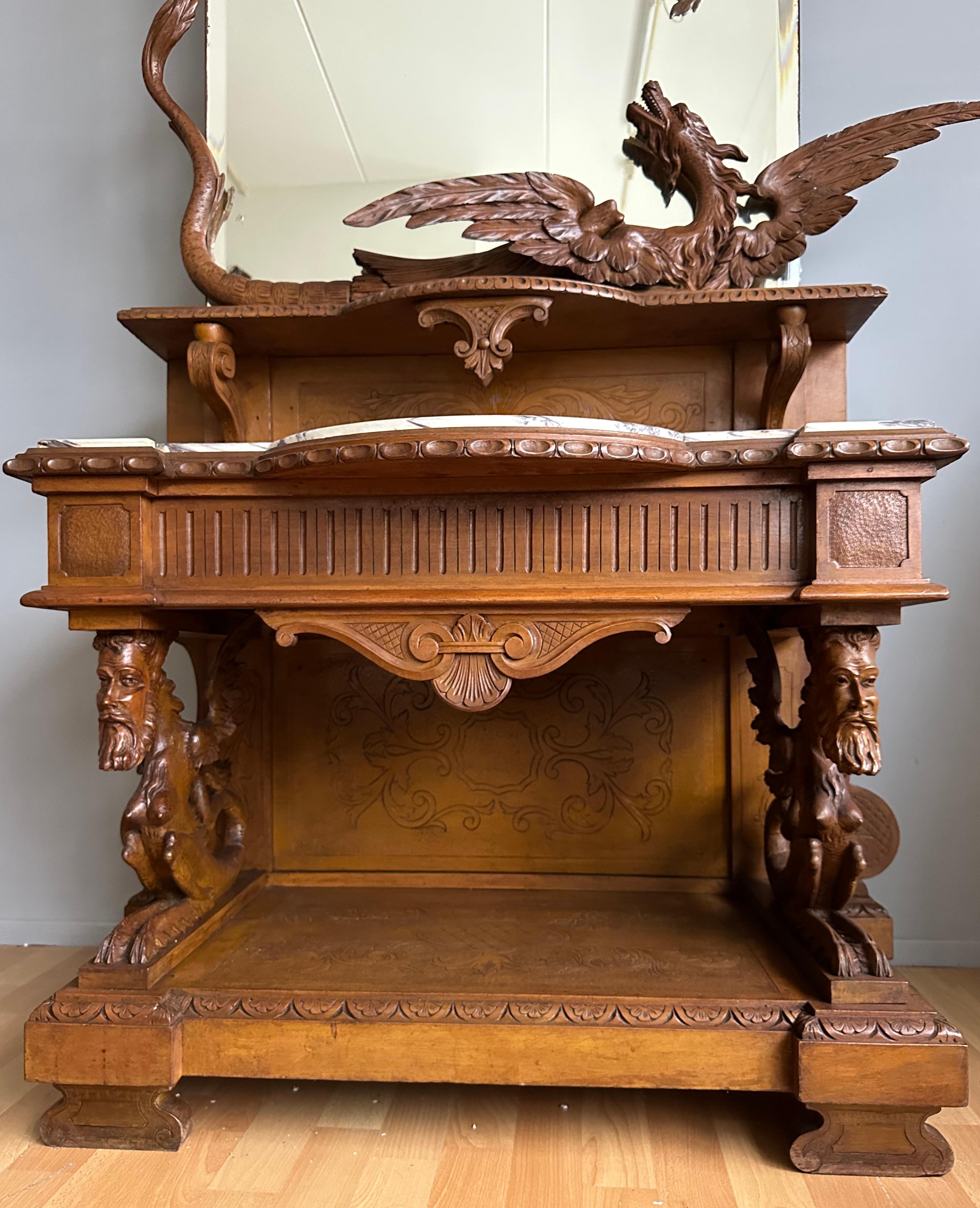 Antique Hand Carved Phoenix & Dragon w. Large Mirror Side Table Entry Hall Stand For Sale 5
