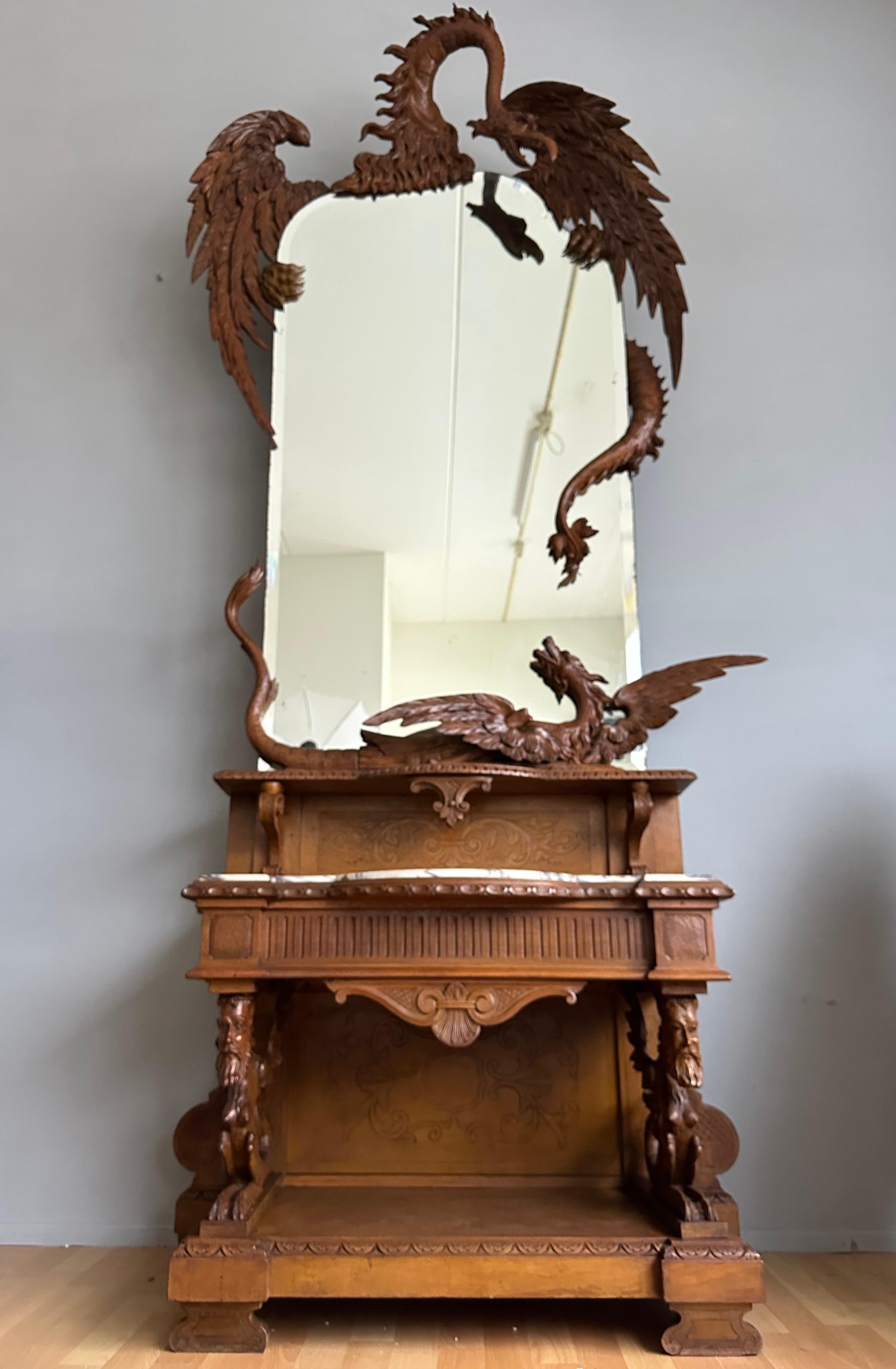 Antique Hand Carved Phoenix & Dragon w. Large Mirror Side Table Entry Hall Stand For Sale 6