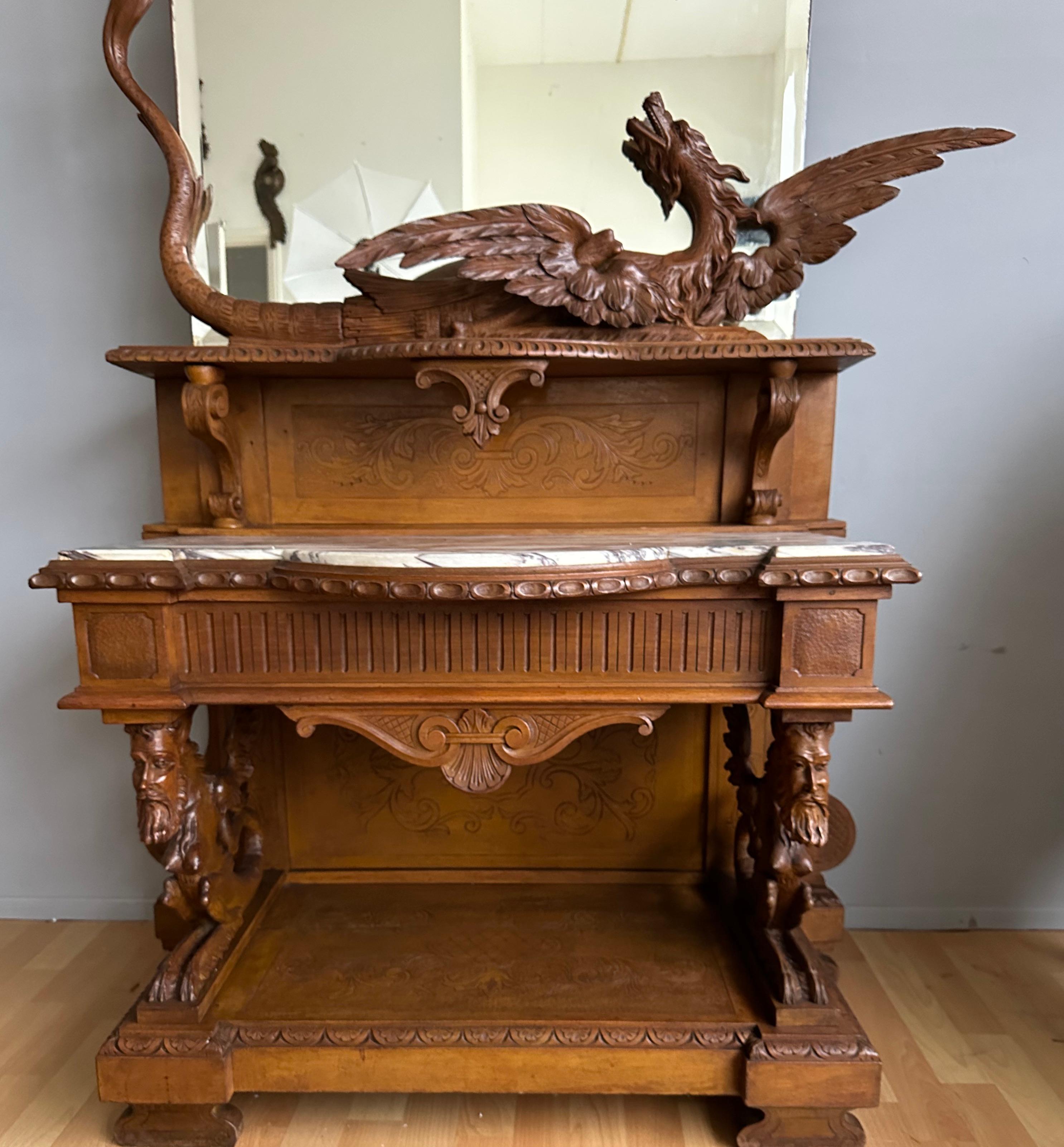 Antique Hand Carved Phoenix & Dragon w. Large Mirror Side Table Entry Hall Stand For Sale 8