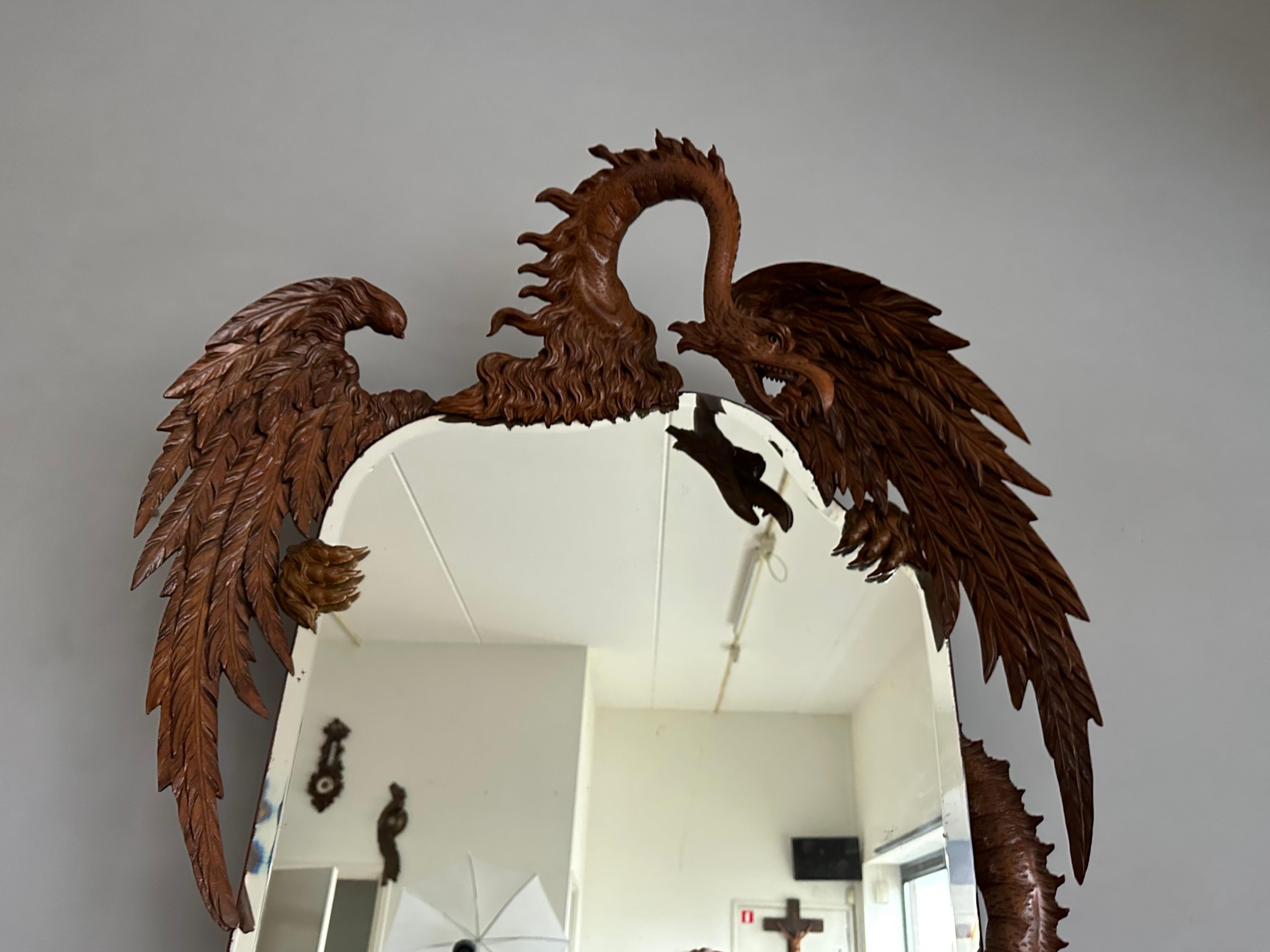 Antique Hand Carved Phoenix & Dragon w. Large Mirror Side Table Entry Hall Stand For Sale 10
