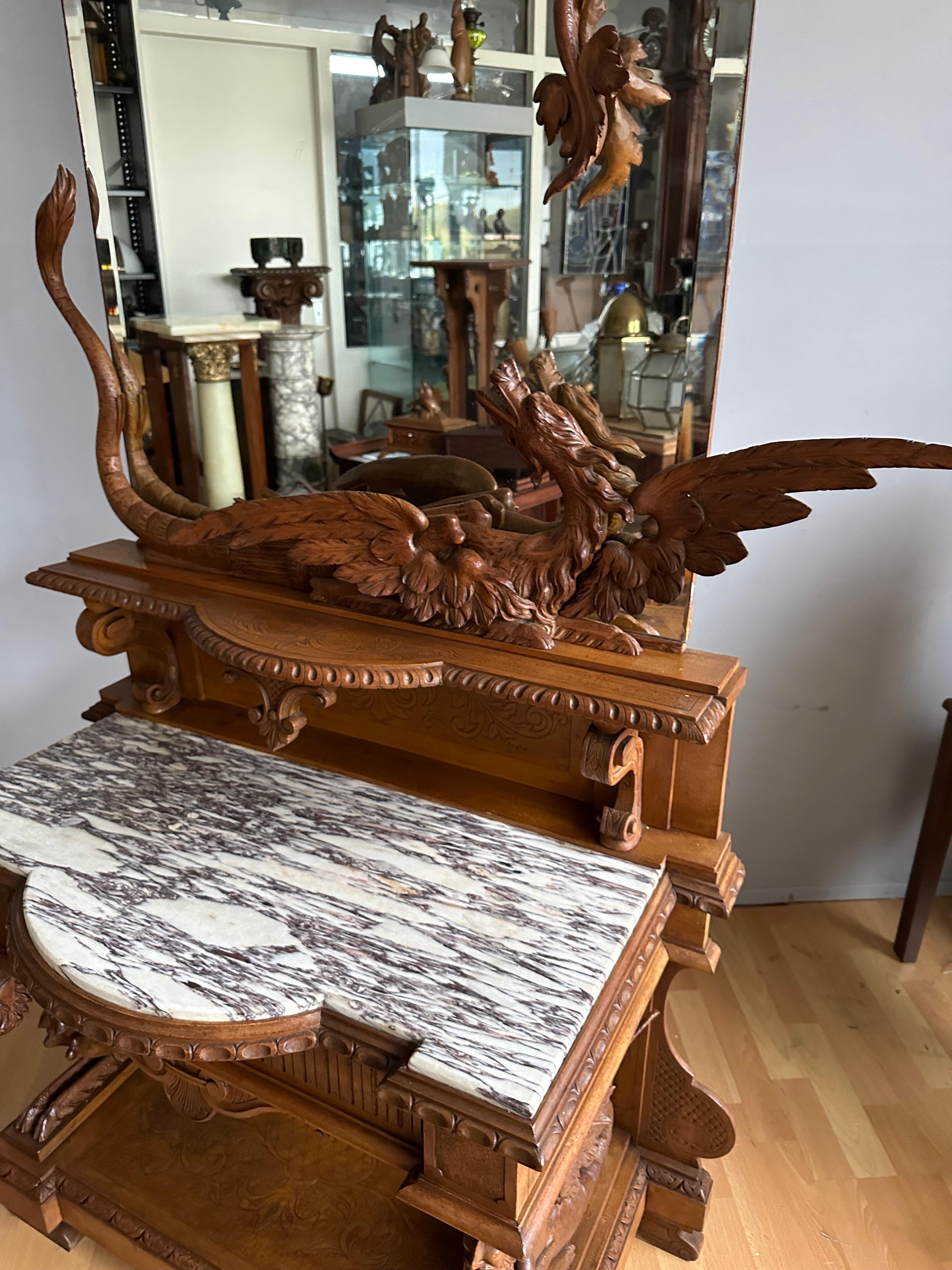 Antique Hand Carved Phoenix & Dragon w. Large Mirror Side Table Entry Hall Stand For Sale 11