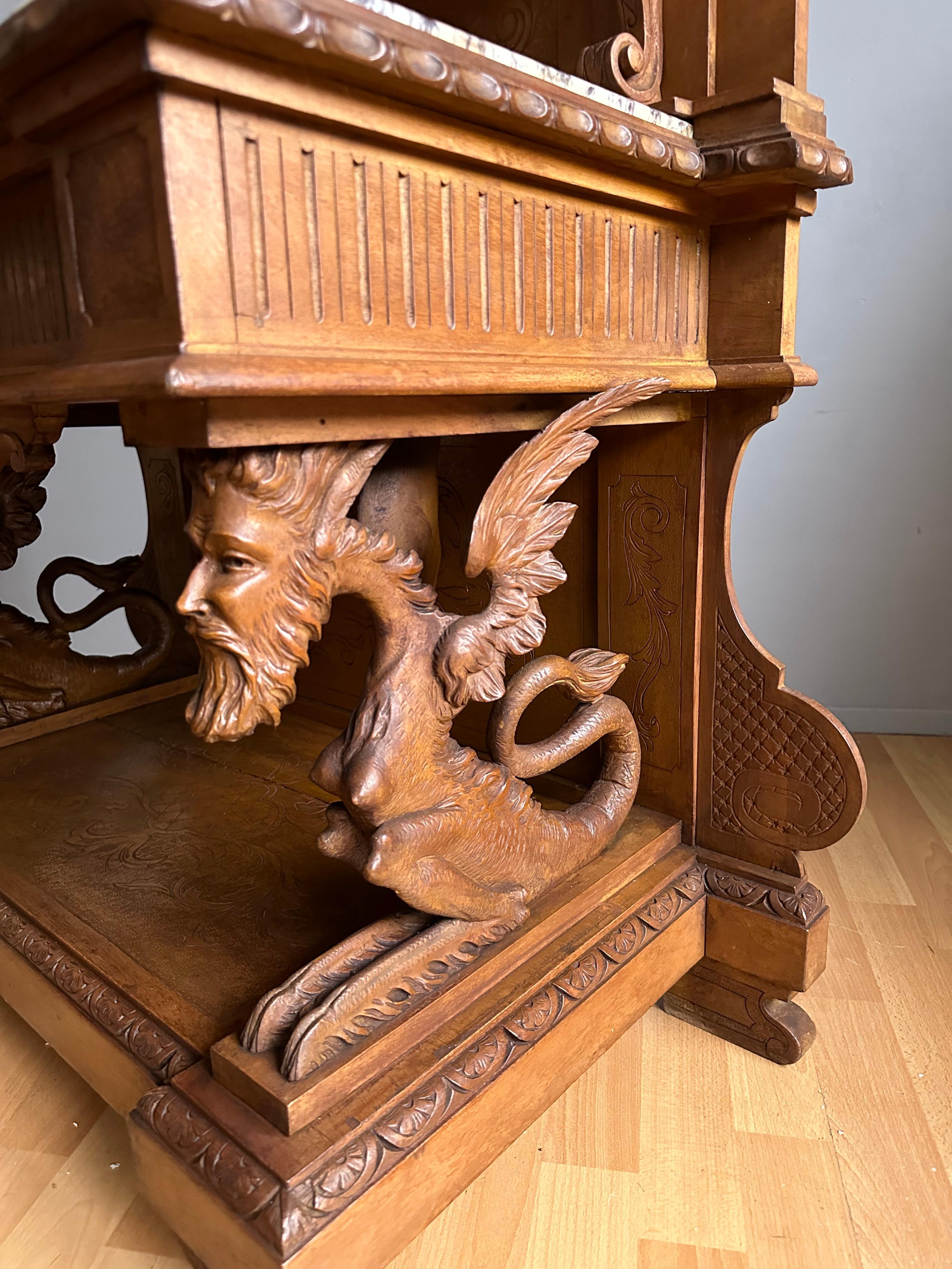 Antique Hand Carved Phoenix & Dragon w. Large Mirror Side Table Entry Hall Stand For Sale 12