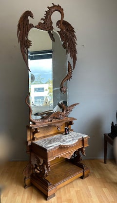 Antique Hand Carved Phoenix & Dragon w. Large Mirror Side Table Entry Hall Stand