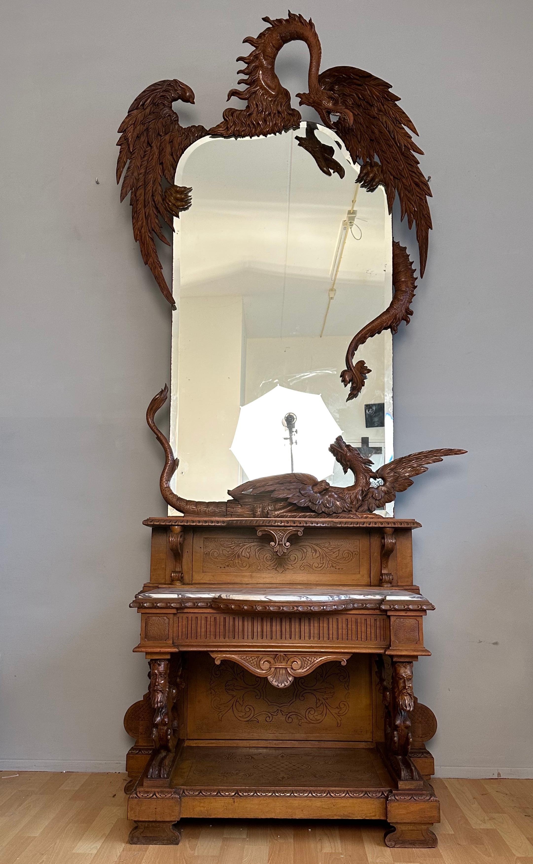 Arts and Crafts Antique Hand Carved Phoenix & Dragon w. Large Mirror Side Table Entry Hall Stand For Sale