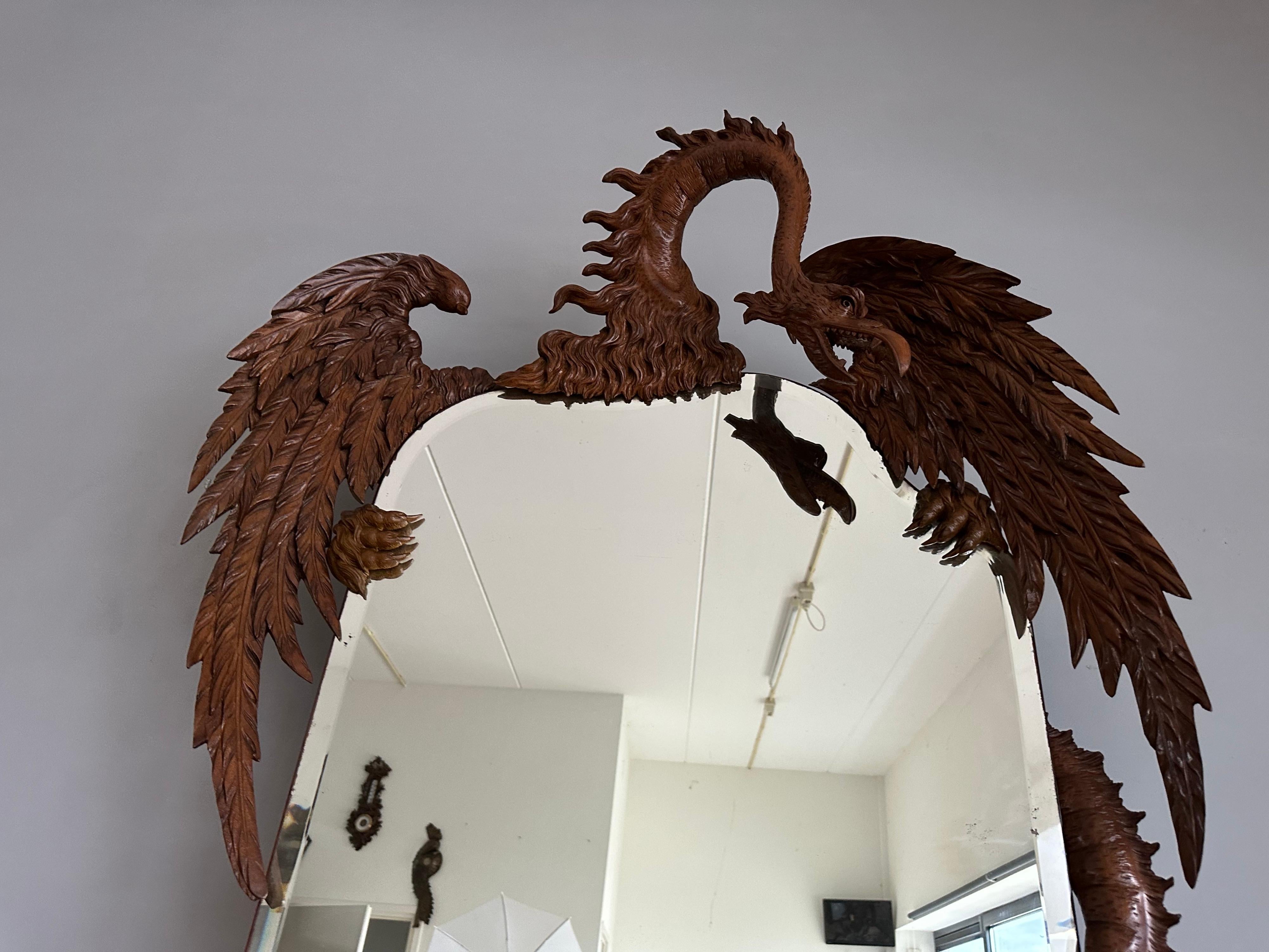 Italian Antique Hand Carved Phoenix & Dragon w. Large Mirror Side Table Entry Hall Stand For Sale