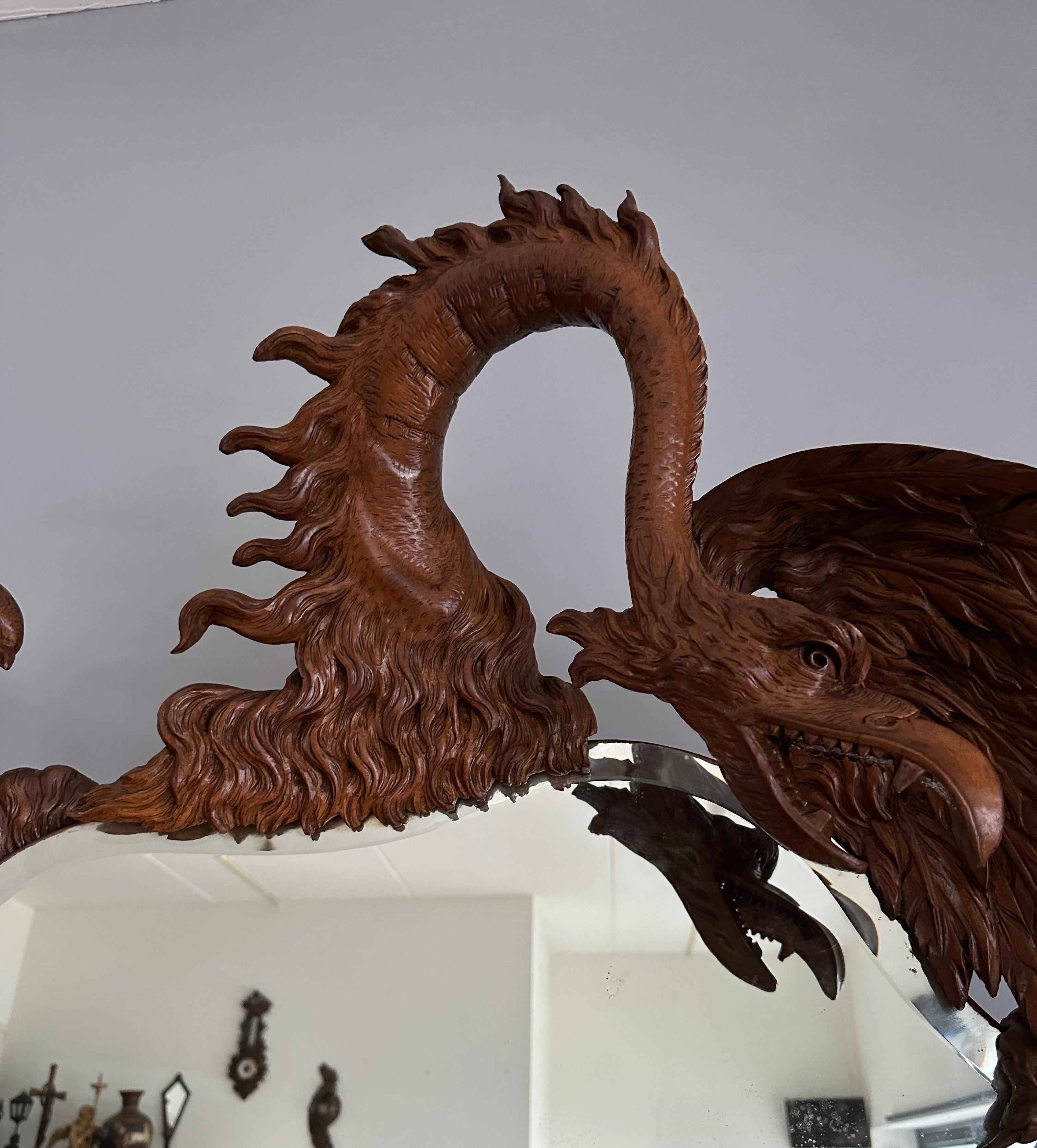 Patinated Antique Hand Carved Phoenix & Dragon w. Large Mirror Side Table Entry Hall Stand For Sale