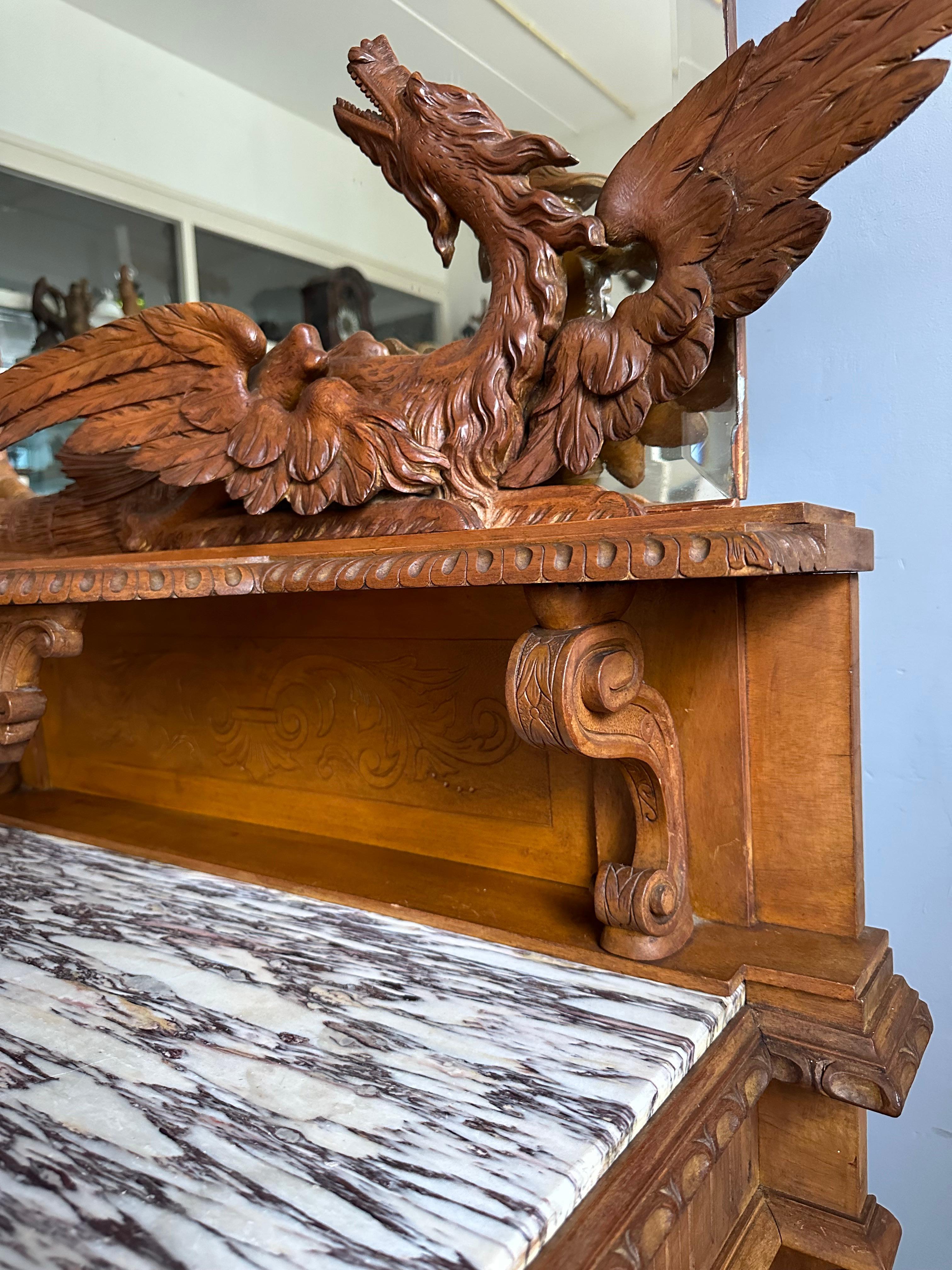 19th Century Antique Hand Carved Phoenix & Dragon w. Large Mirror Side Table Entry Hall Stand For Sale