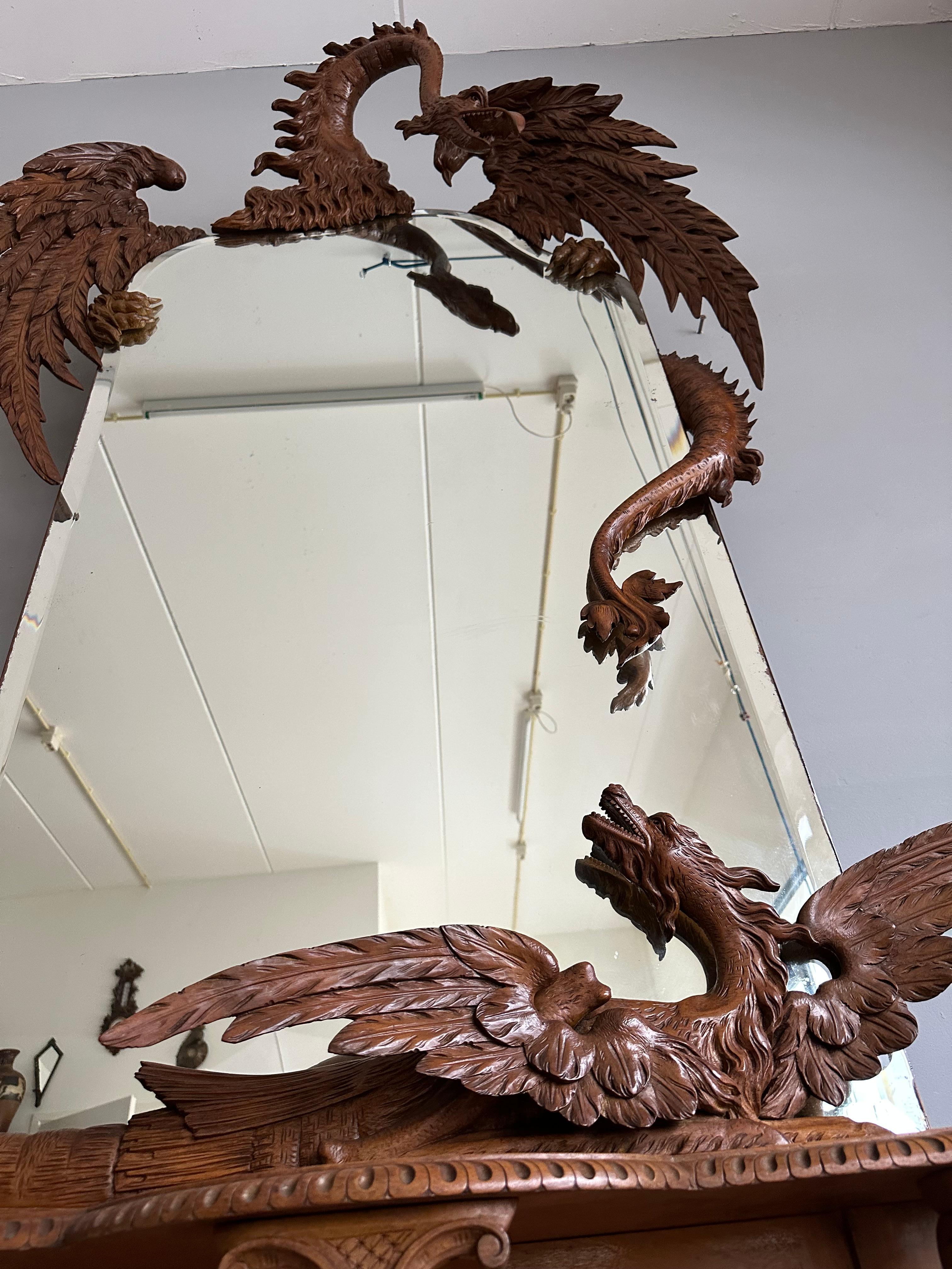 Antique Hand Carved Phoenix & Dragon w. Large Mirror Side Table Entry Hall Stand For Sale 1