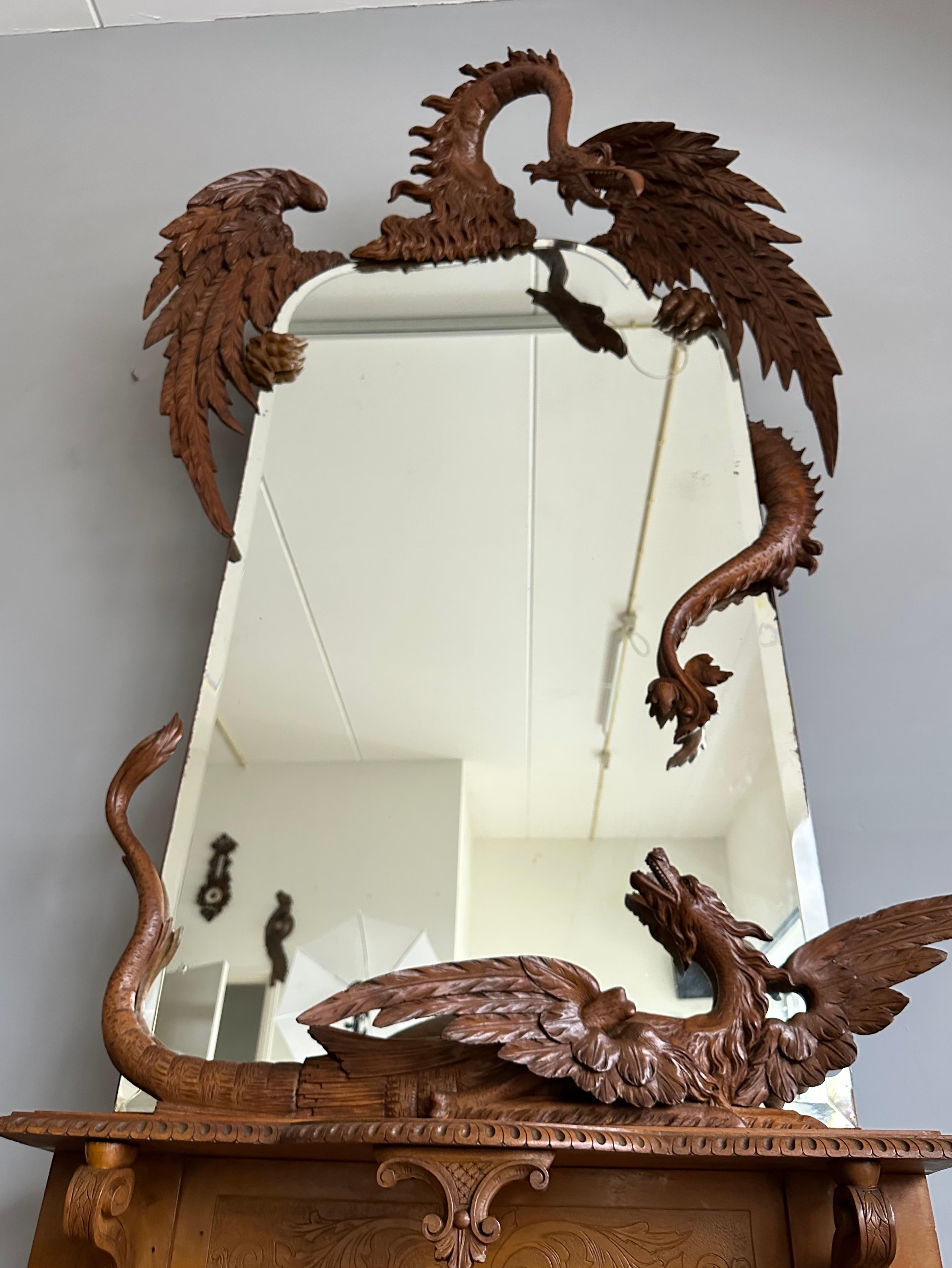 Antique Hand Carved Phoenix & Dragon w. Large Mirror Side Table Entry Hall Stand For Sale 2