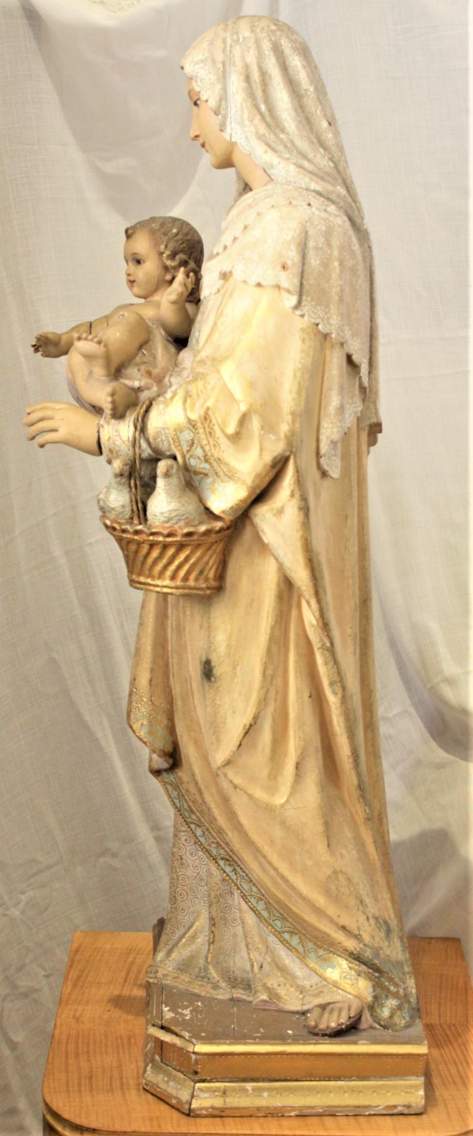 Edwardian Antique Hand-Carved & Polychrome Painted Sculpture of The Madonna and Child