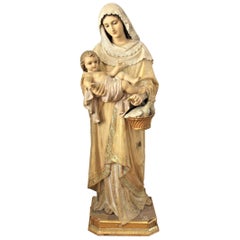 Antique sculpture à la main & Sculpture de la Vierge à l'Enfant peinte en polychromie