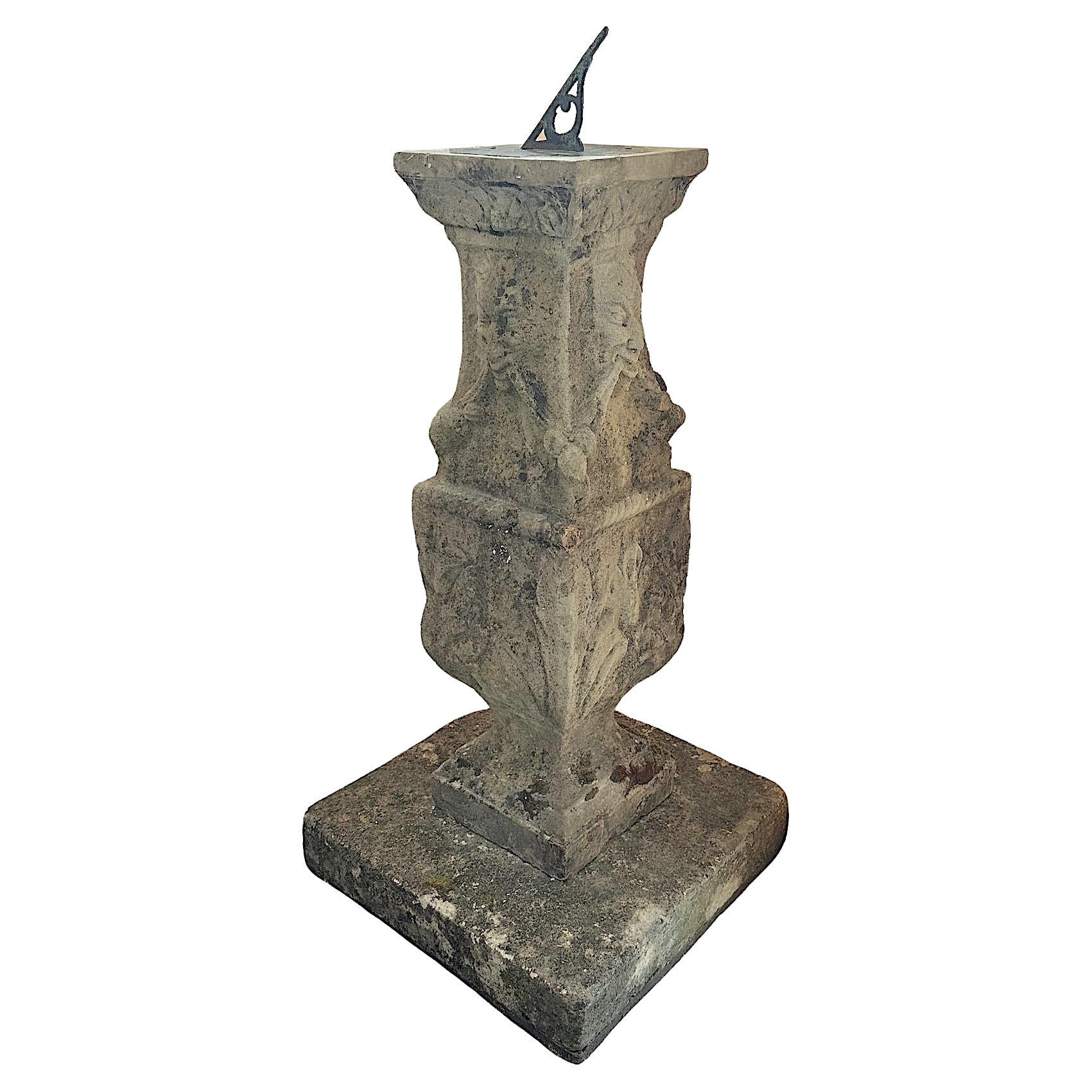 Antique Hand-carved Portland Stone and Brass Sundail