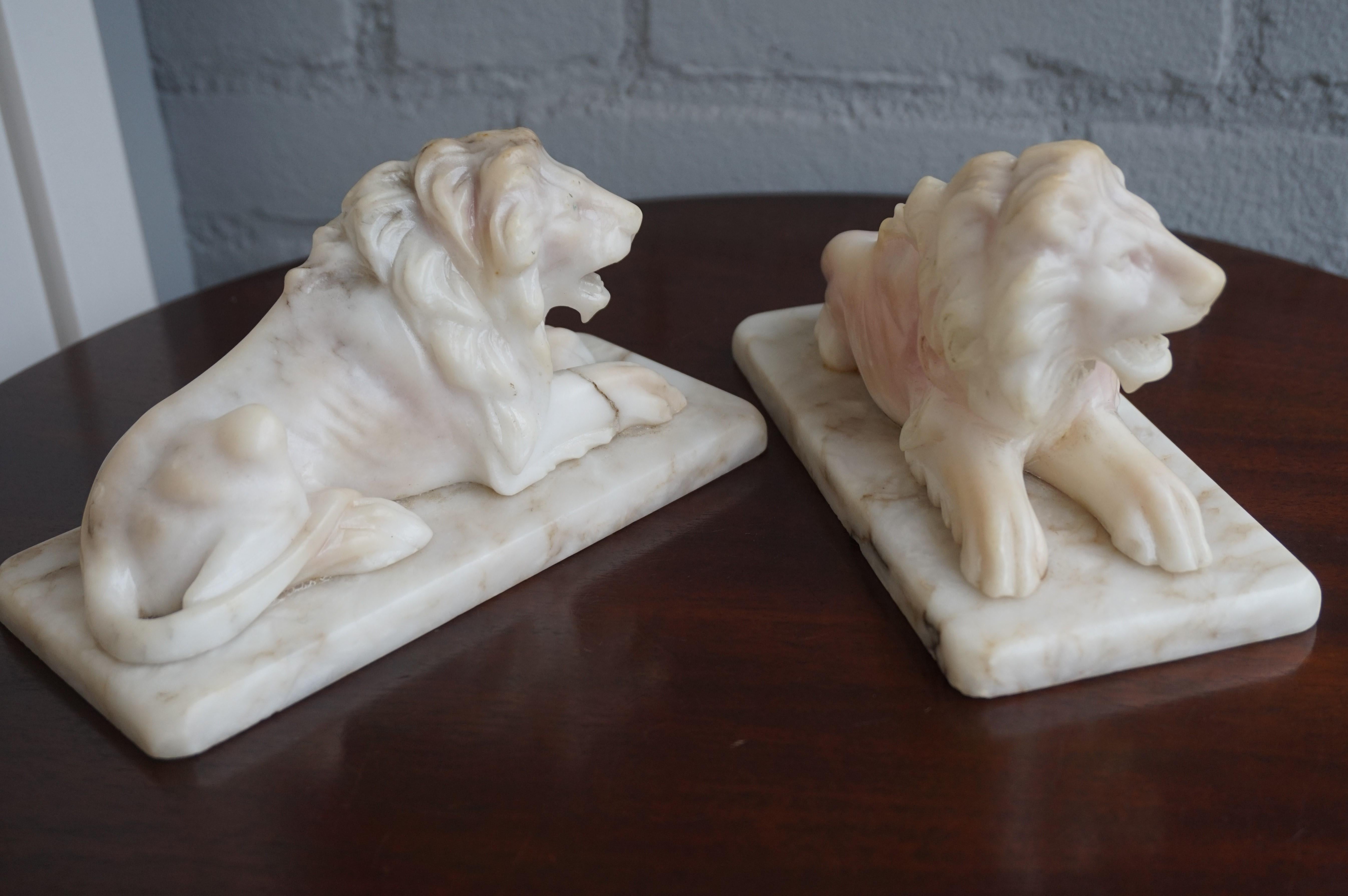European Antique Hand Carved Practical Size Pair of Alabaster Lion Sculpture Desk Pieces