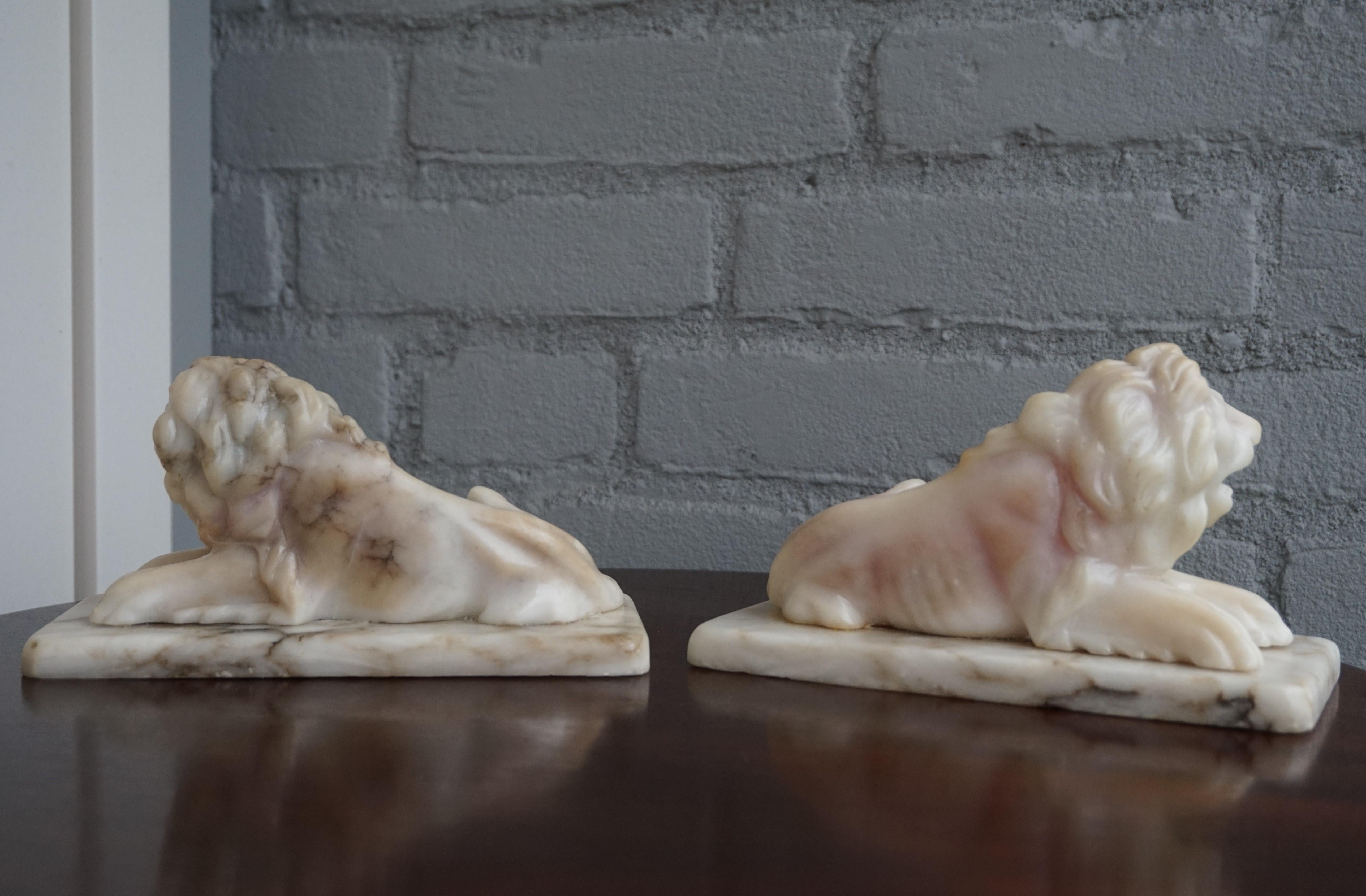 Hand-Carved Antique Hand Carved Practical Size Pair of Alabaster Lion Sculpture Desk Pieces