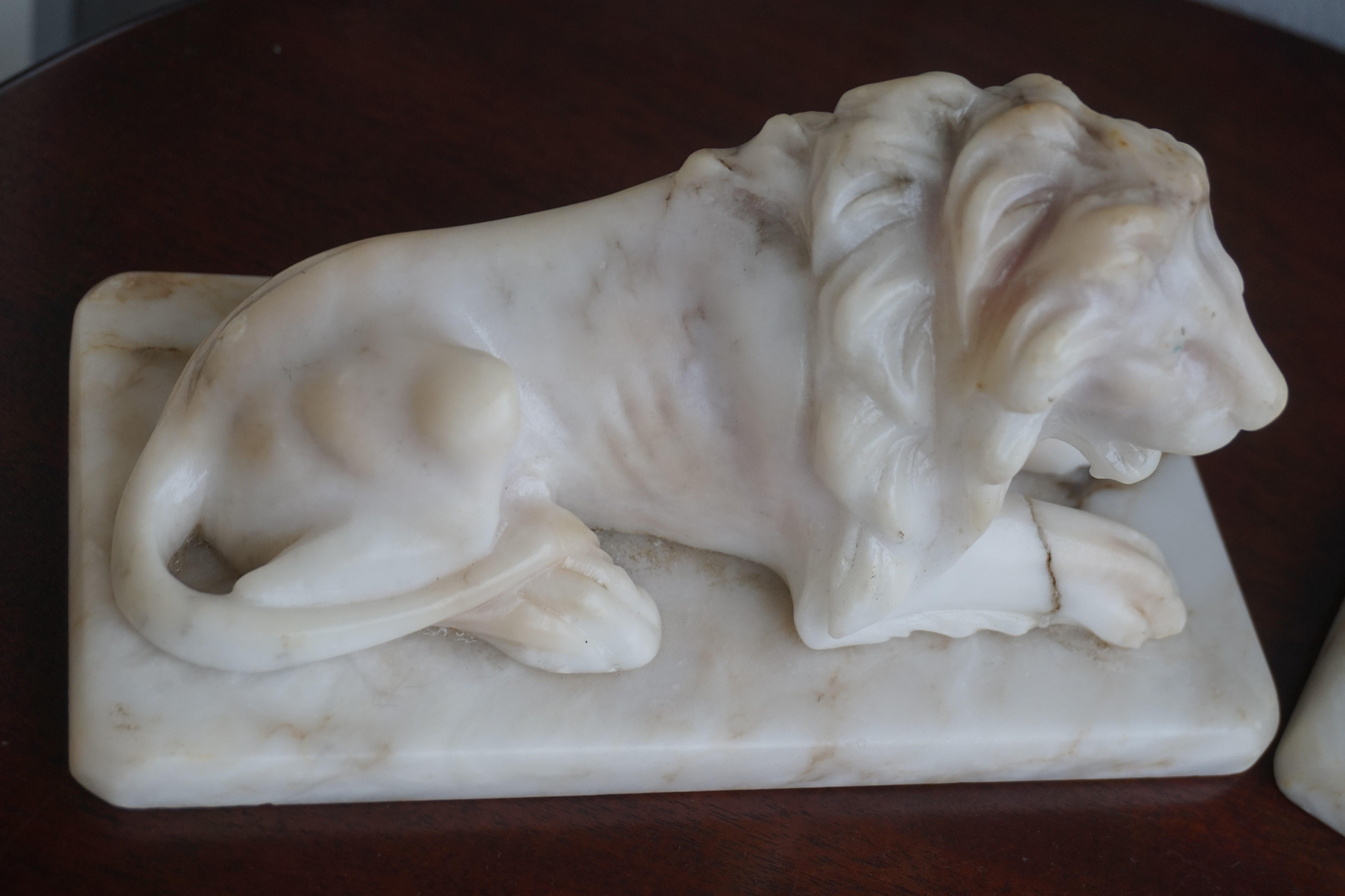 20th Century Antique Hand Carved Practical Size Pair of Alabaster Lion Sculpture Desk Pieces
