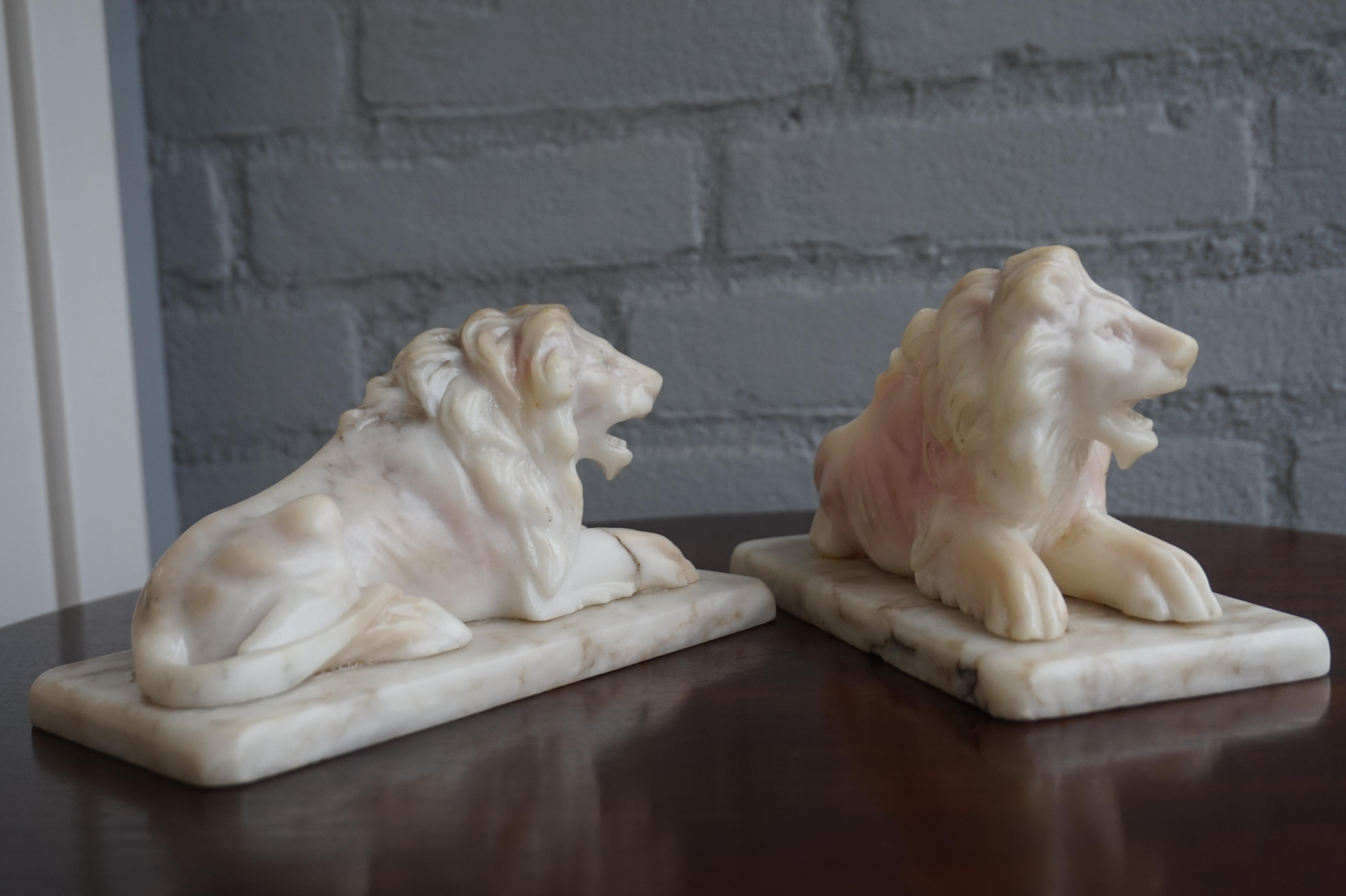 Antique Hand Carved Practical Size Pair of Alabaster Lion Sculpture Desk Pieces 2