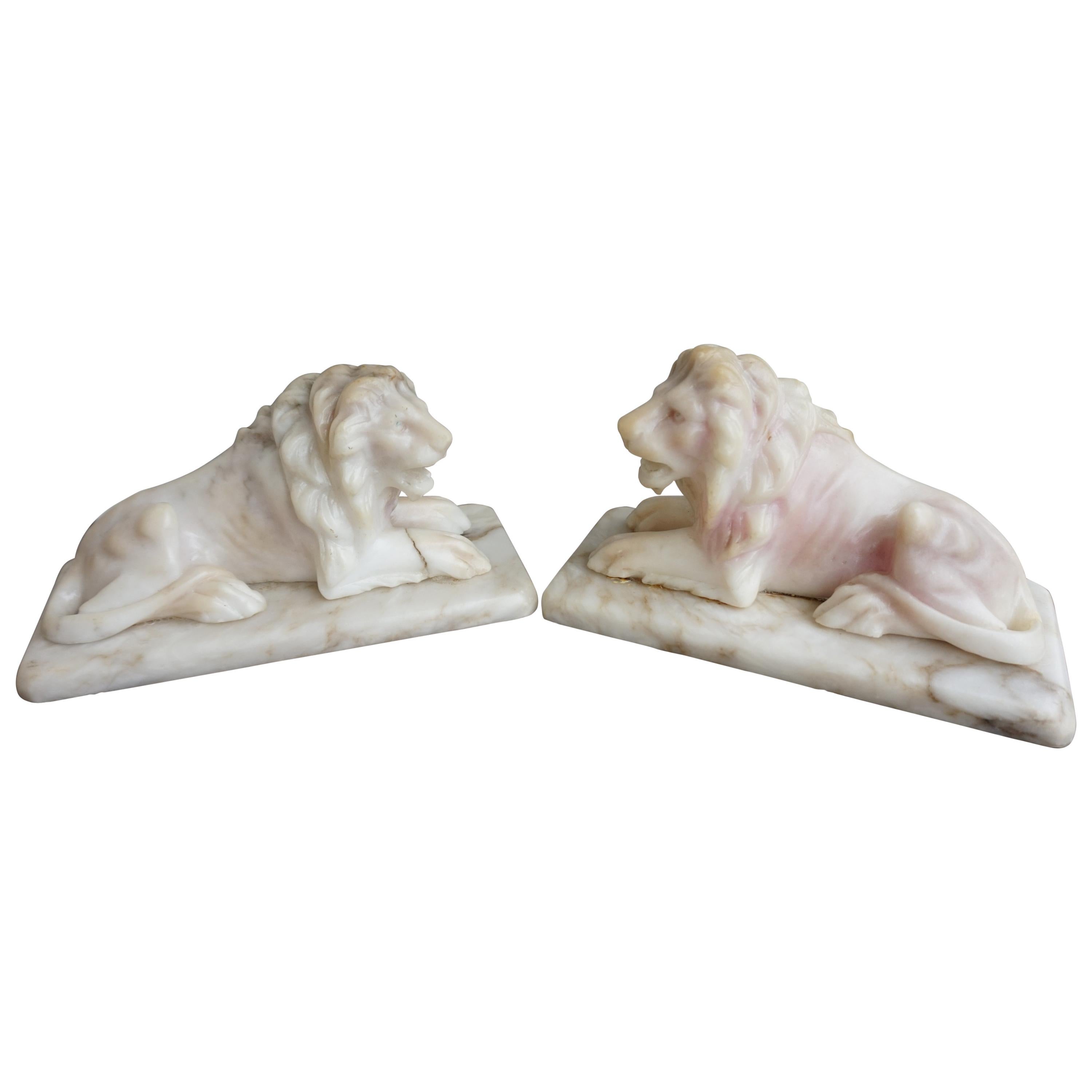 Antique Hand Carved Practical Size Pair of Alabaster Lion Sculpture Desk Pieces