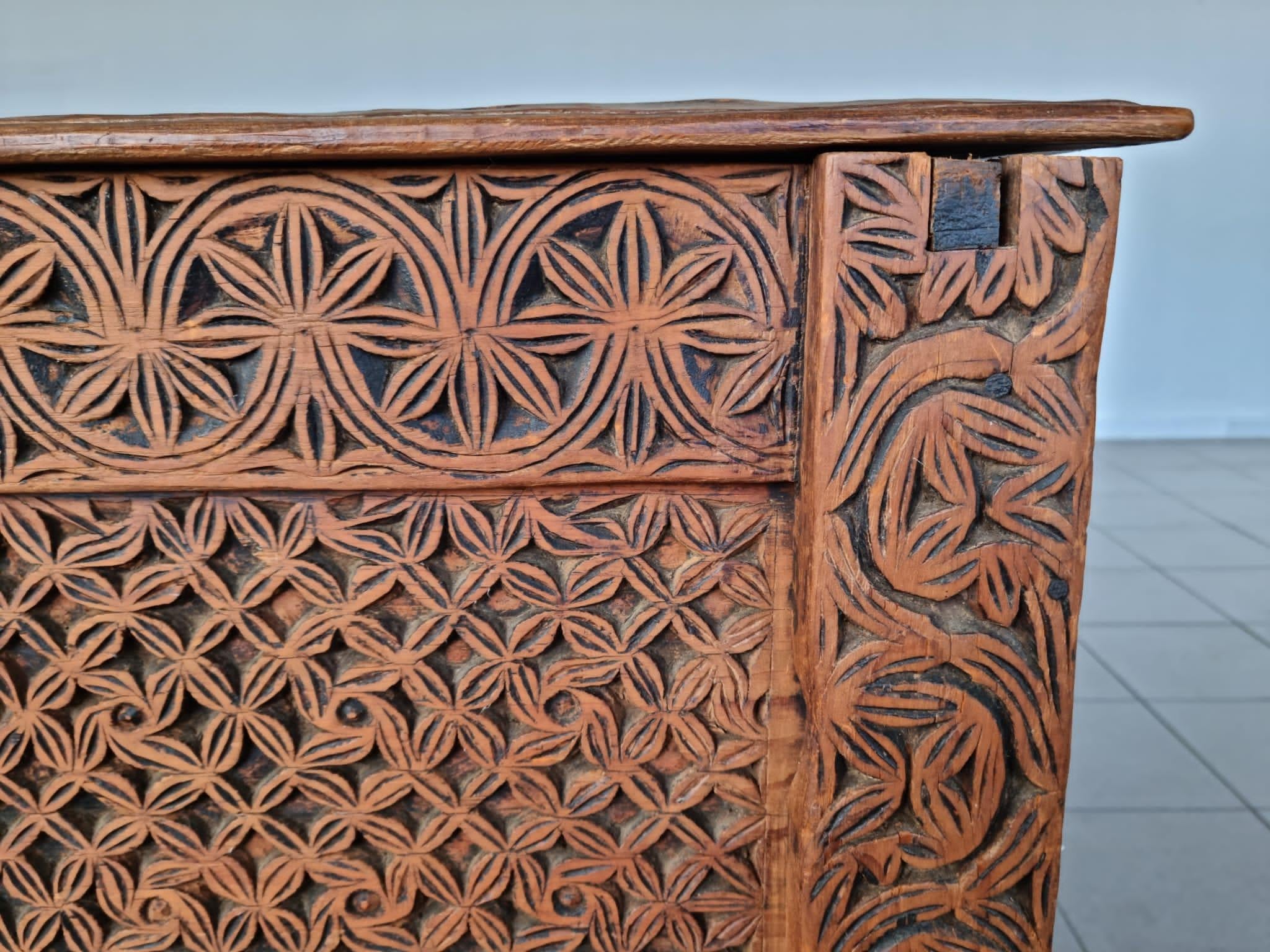 Indian Antique Hand Carved Rajastan Storage Trunk Side Cabinet