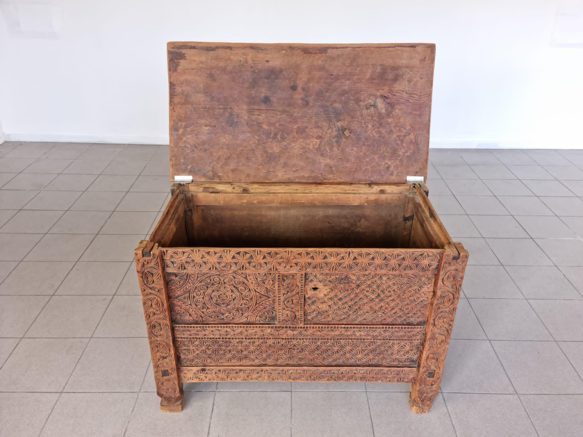 19th Century Antique Hand Carved Rajastan Storage Trunk Side Cabinet