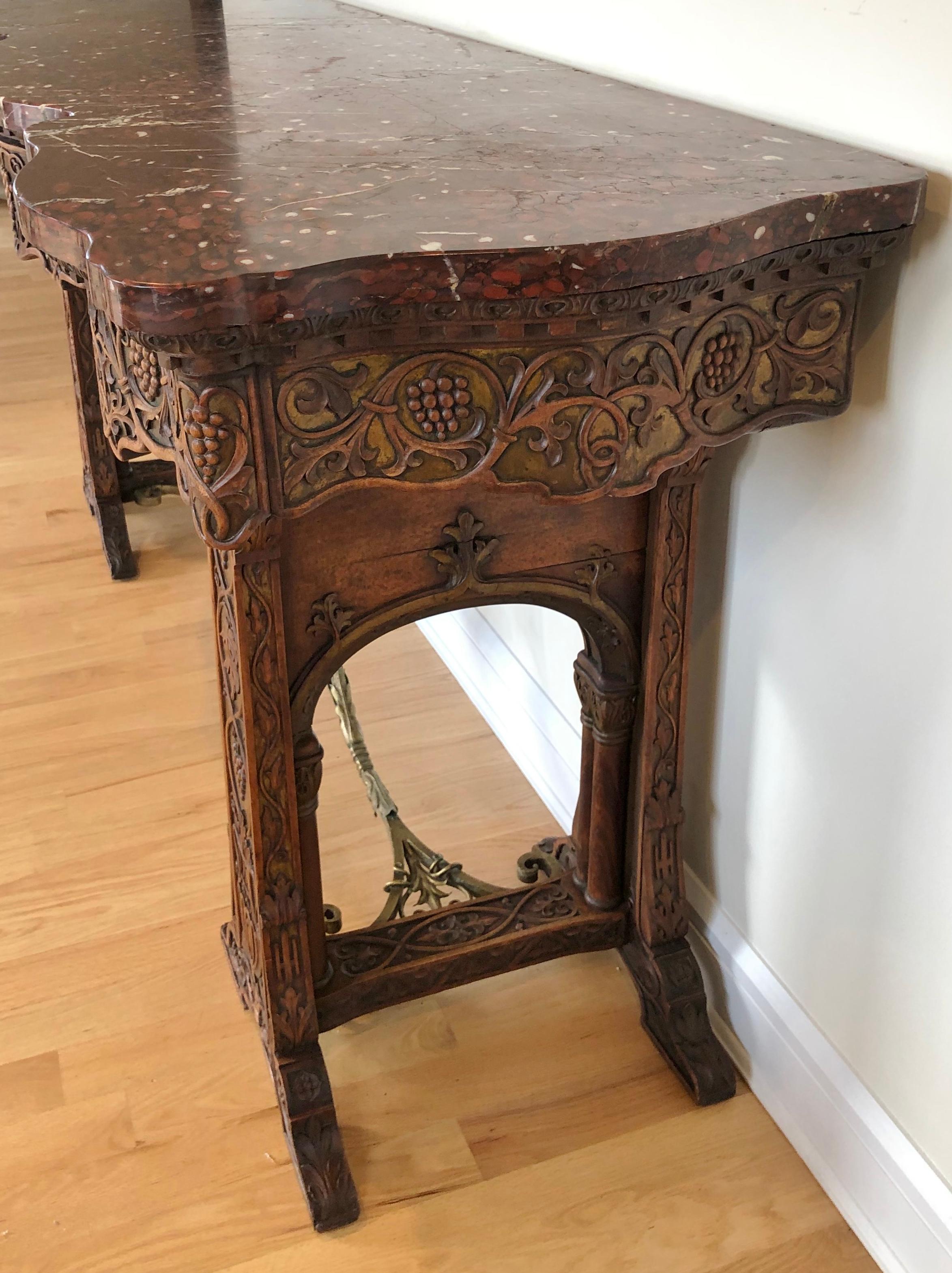 Carved and Gilt Iron Red Marble Top Console Table For Sale 1