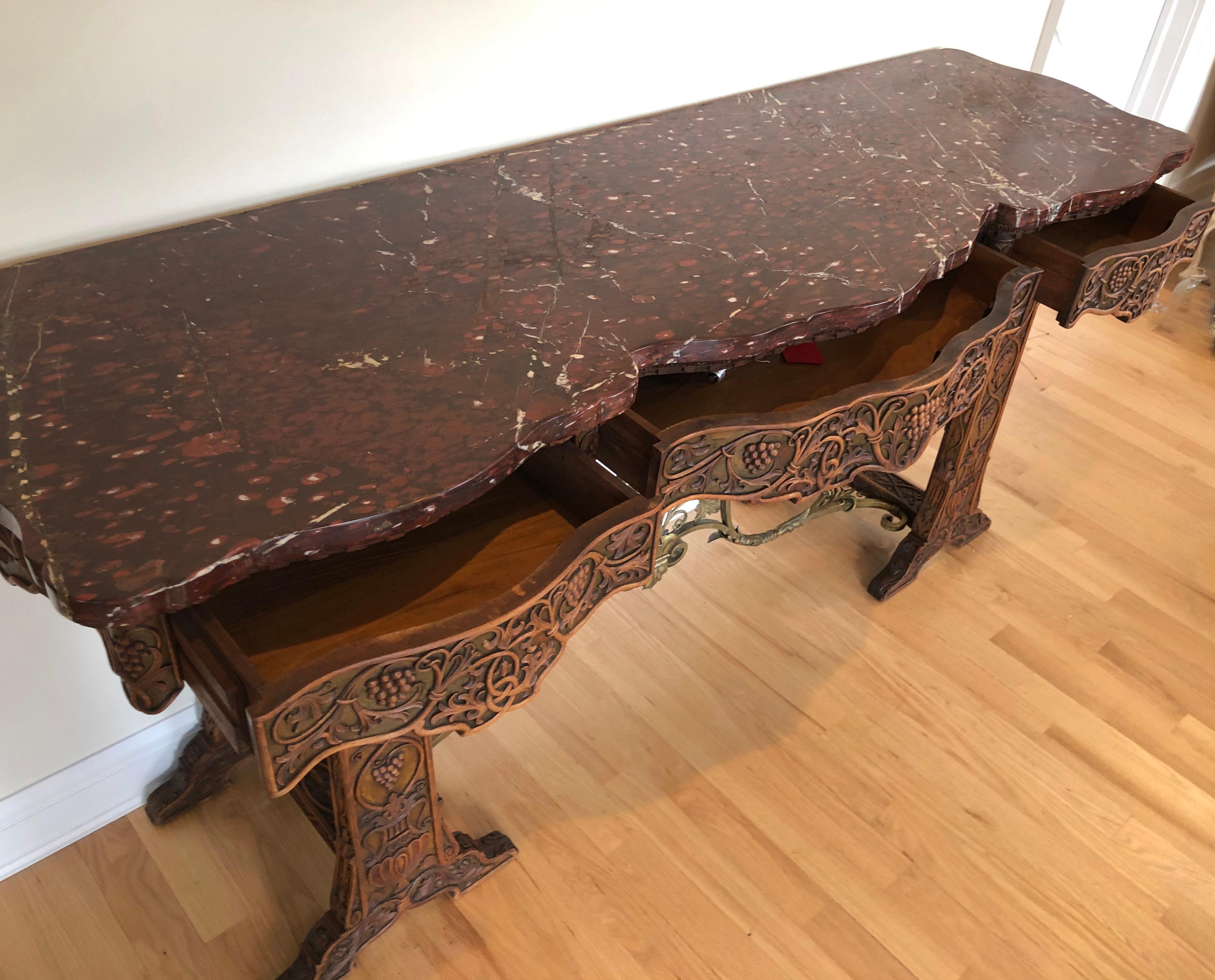 Hand-Carved Carved and Gilt Iron Red Marble Top Console Table For Sale