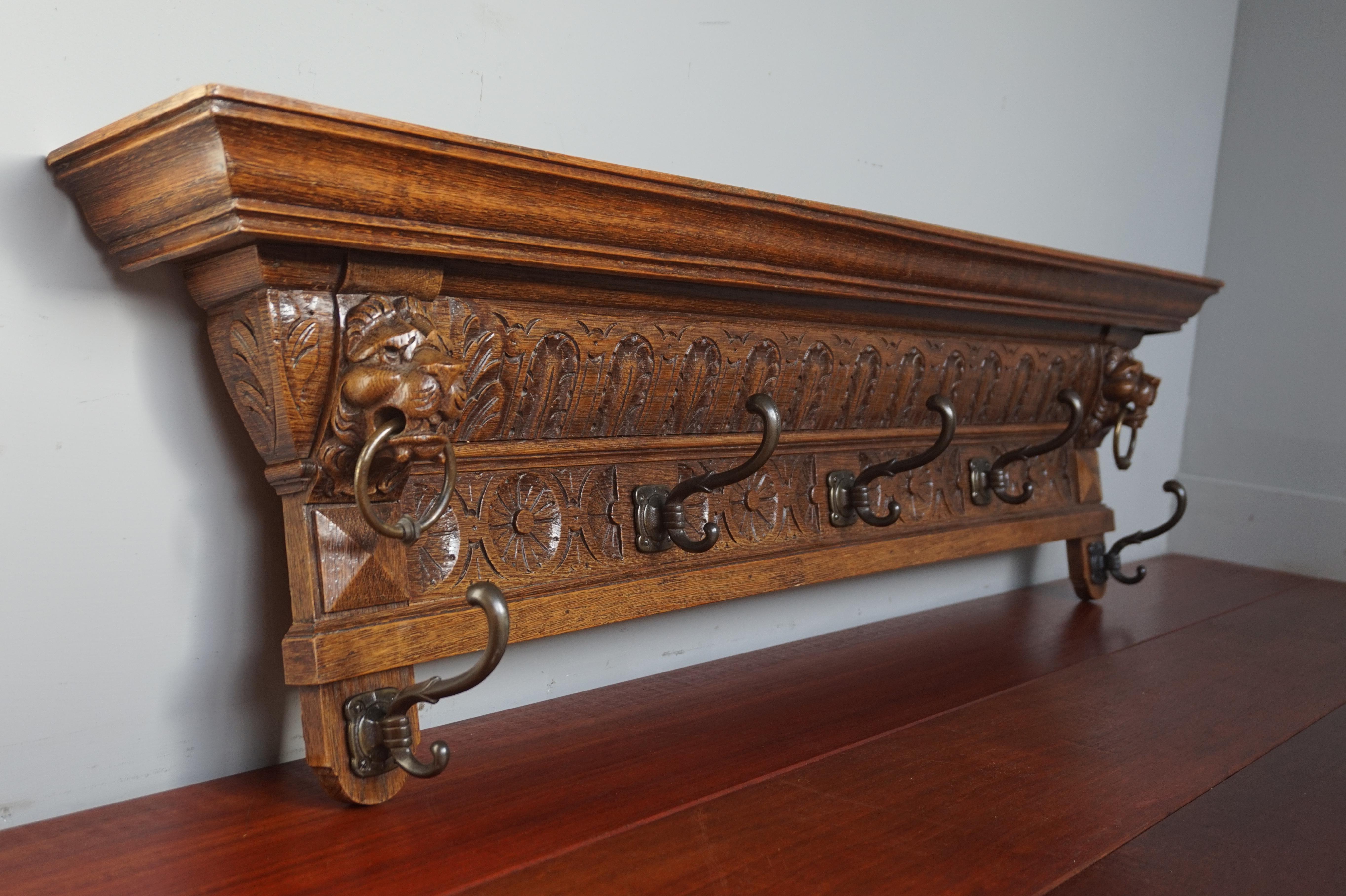 Antique Hand Carved Renaissance Revival Wall Coat Rack with Lion Mask Sculptures 7