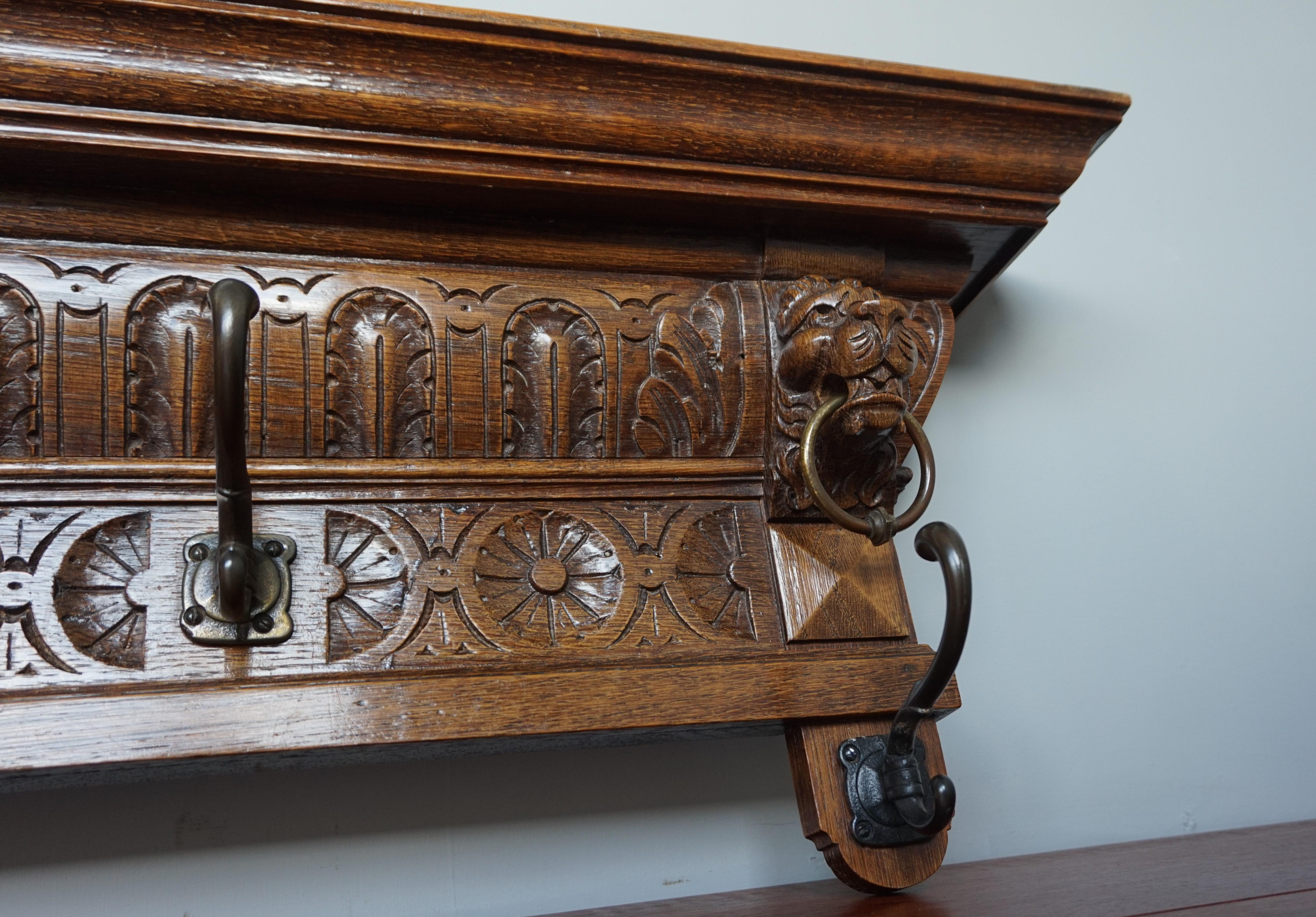 Antique Hand Carved Renaissance Revival Wall Coat Rack with Lion Mask Sculptures 9