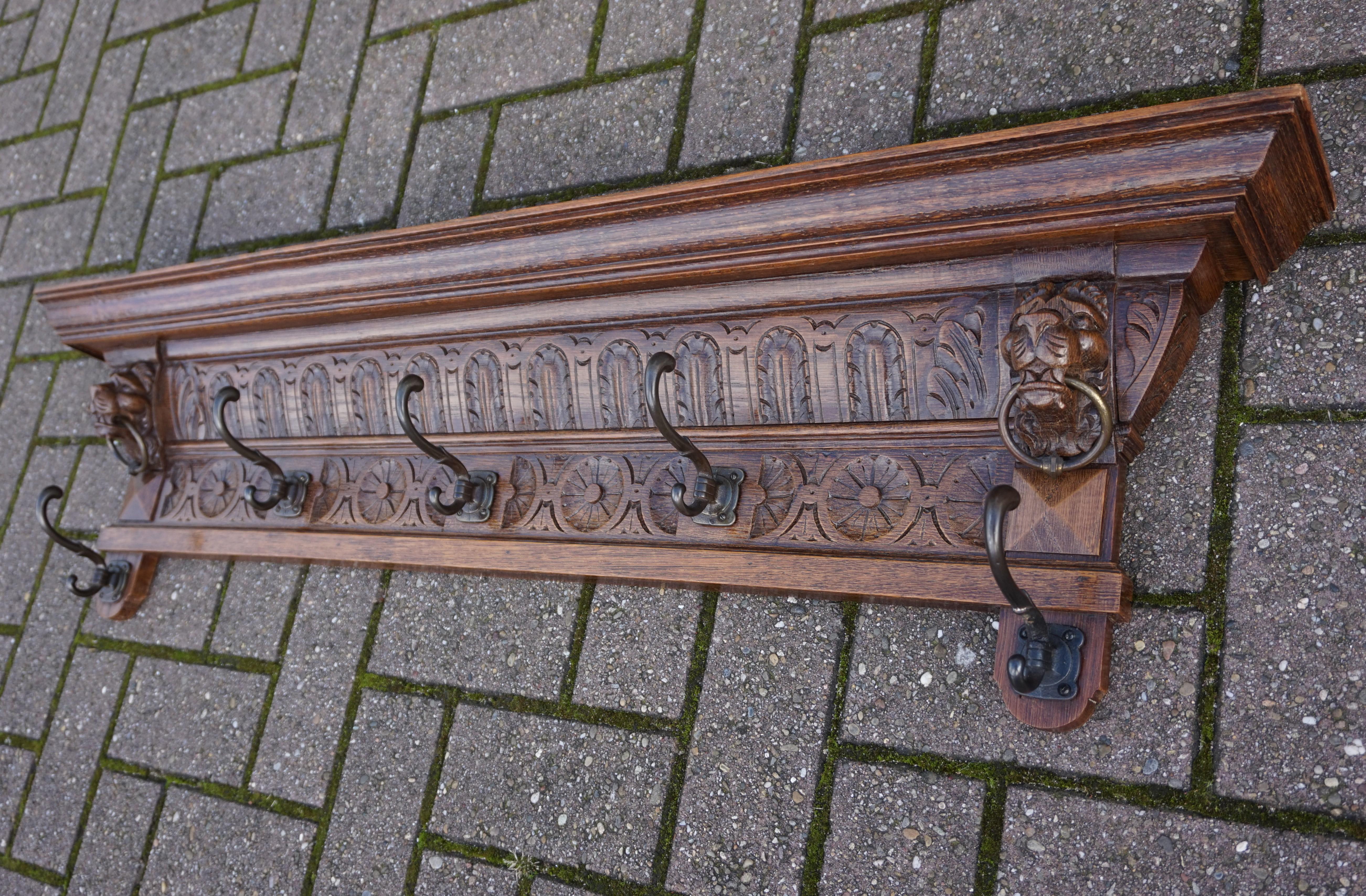 Oak Antique Hand Carved Renaissance Revival Wall Coat Rack with Lion Mask Sculptures