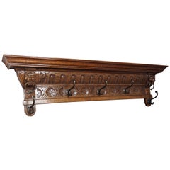 Antique Hand Carved Renaissance Revival Wall Coat Rack with Lion Mask Sculptures