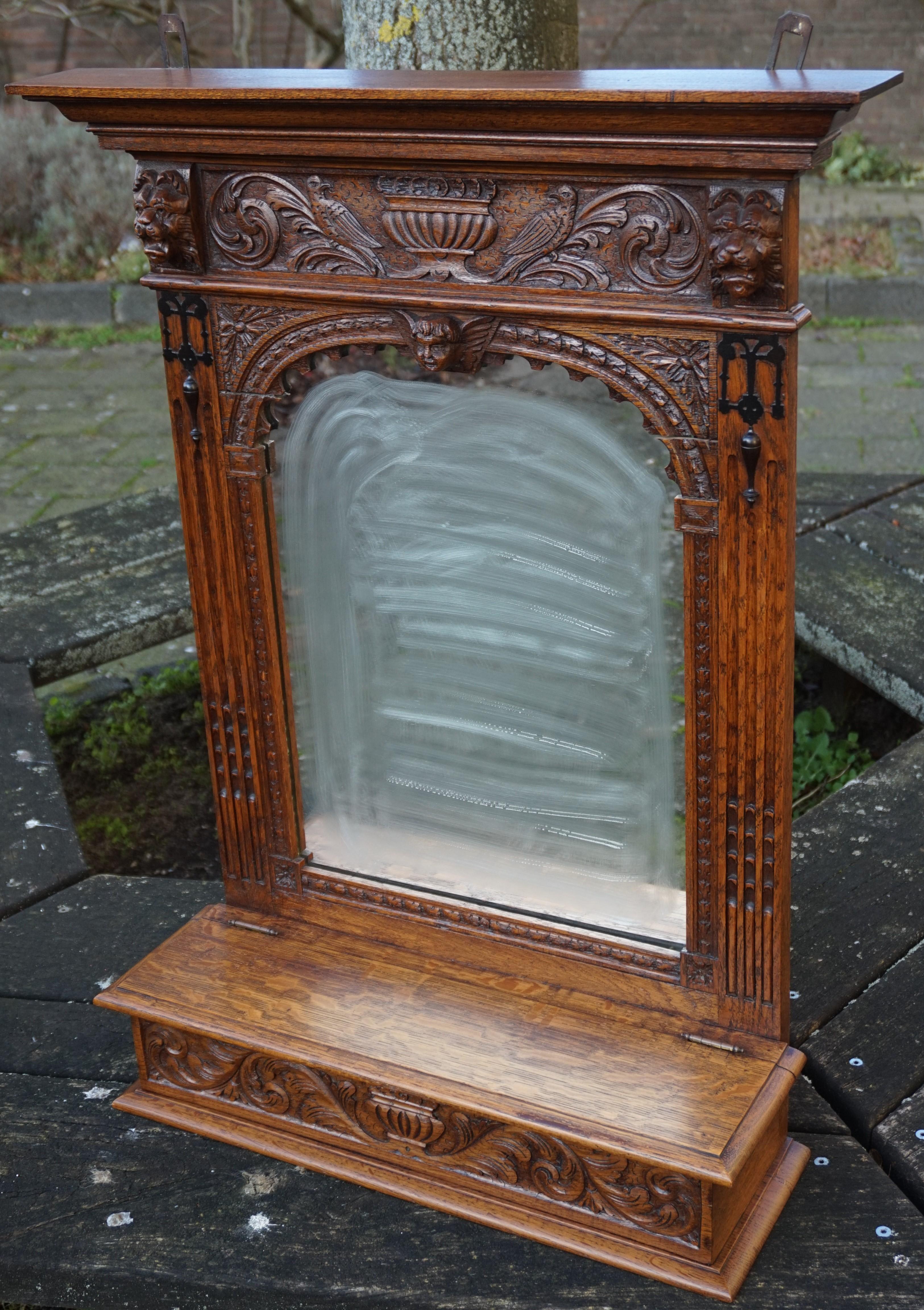 Hand Carved Renaissance Revival Wall Mirror with Lidded Gloves and Scarf Box 2