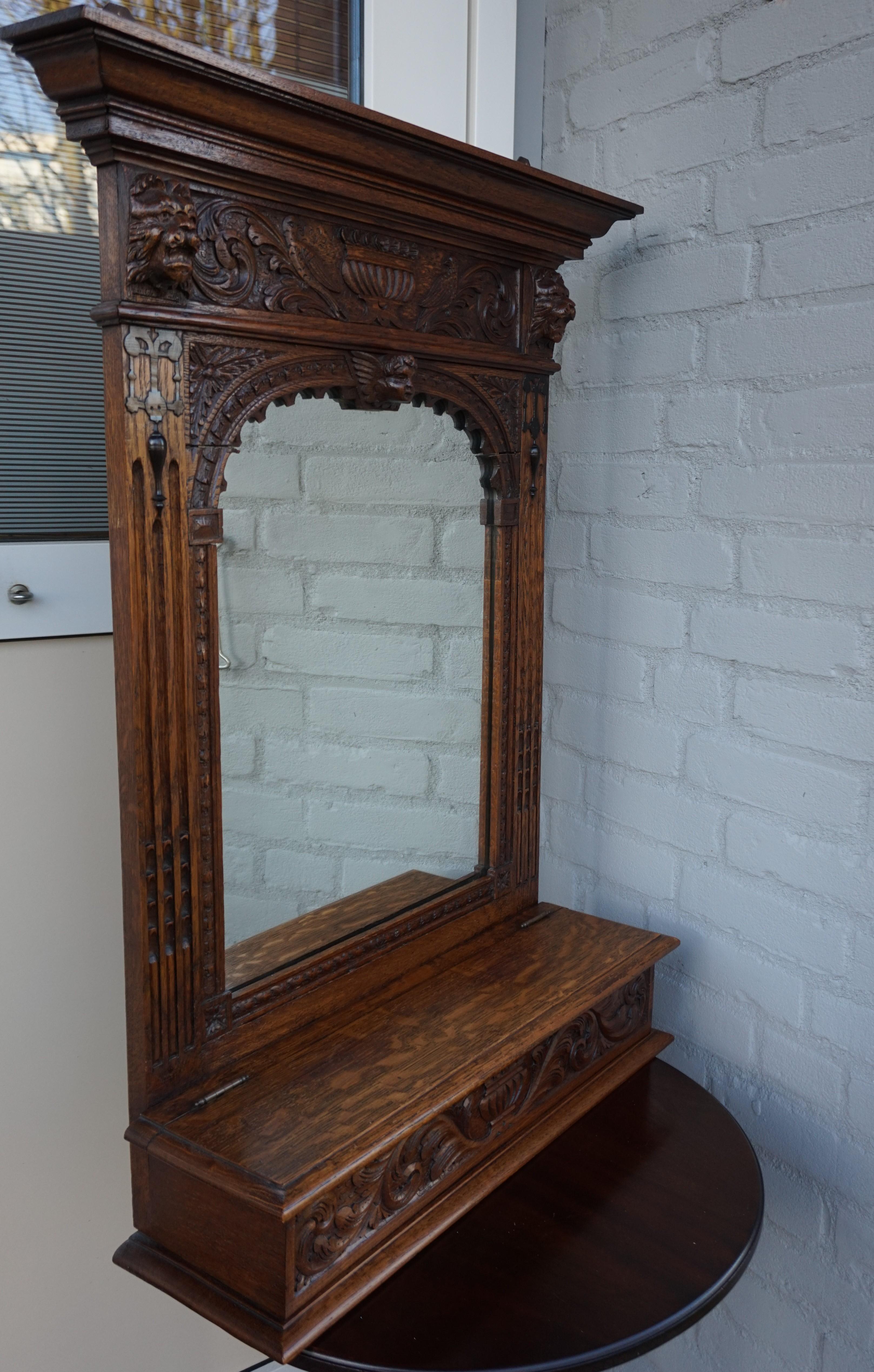Hand Carved Renaissance Revival Wall Mirror with Lidded Gloves and Scarf Box 12