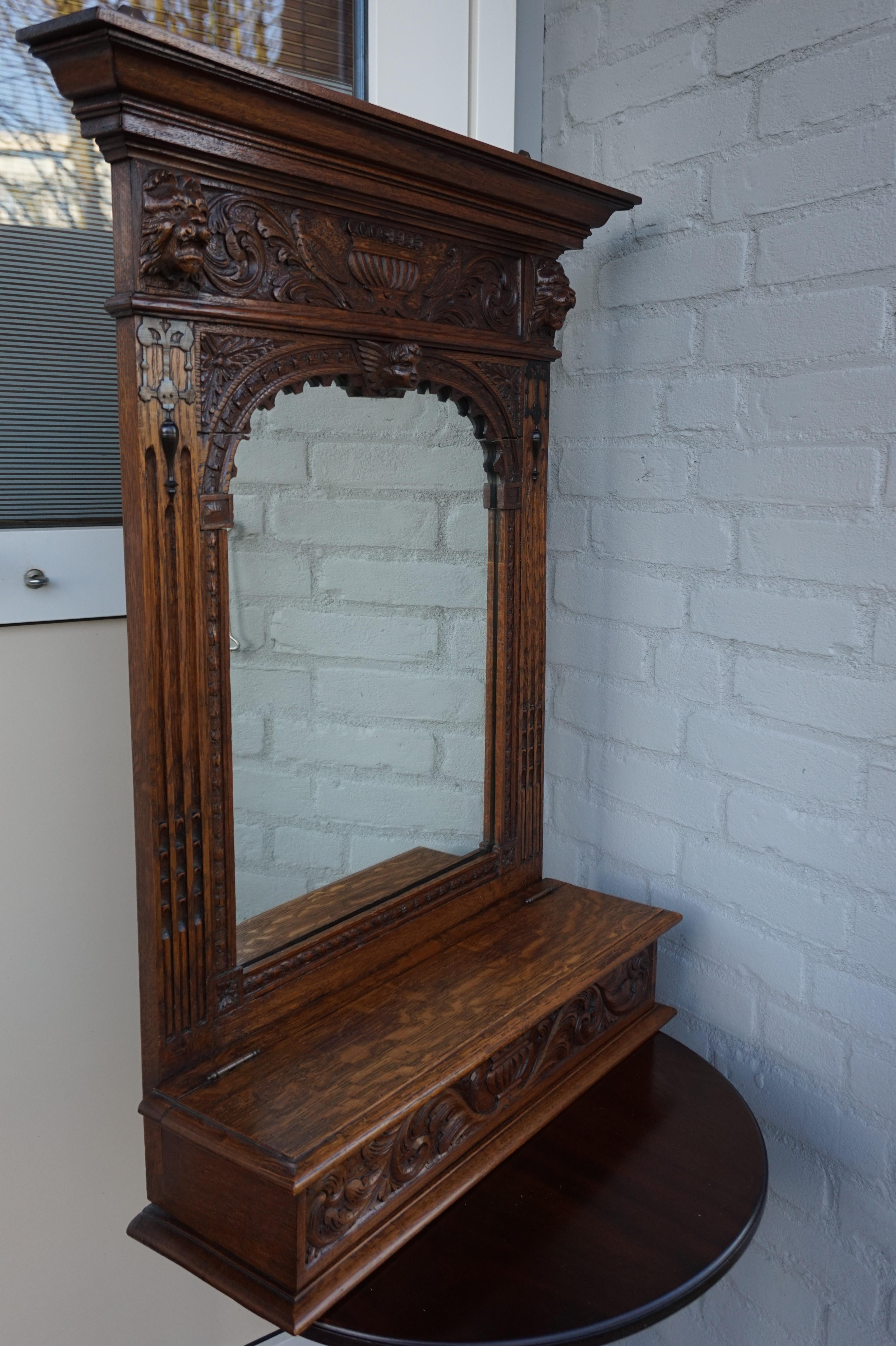 Dutch Hand Carved Renaissance Revival Wall Mirror with Lidded Gloves and Scarf Box