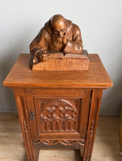 Antique Hand-Carved Renaissance Revival Wooden Monk Sculpture Reading a Book