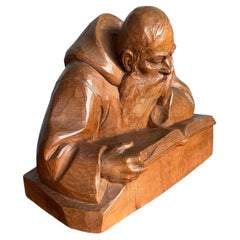 Antique Hand-Carved Renaissance Revival Wooden Monk Sculpture Reading a Book