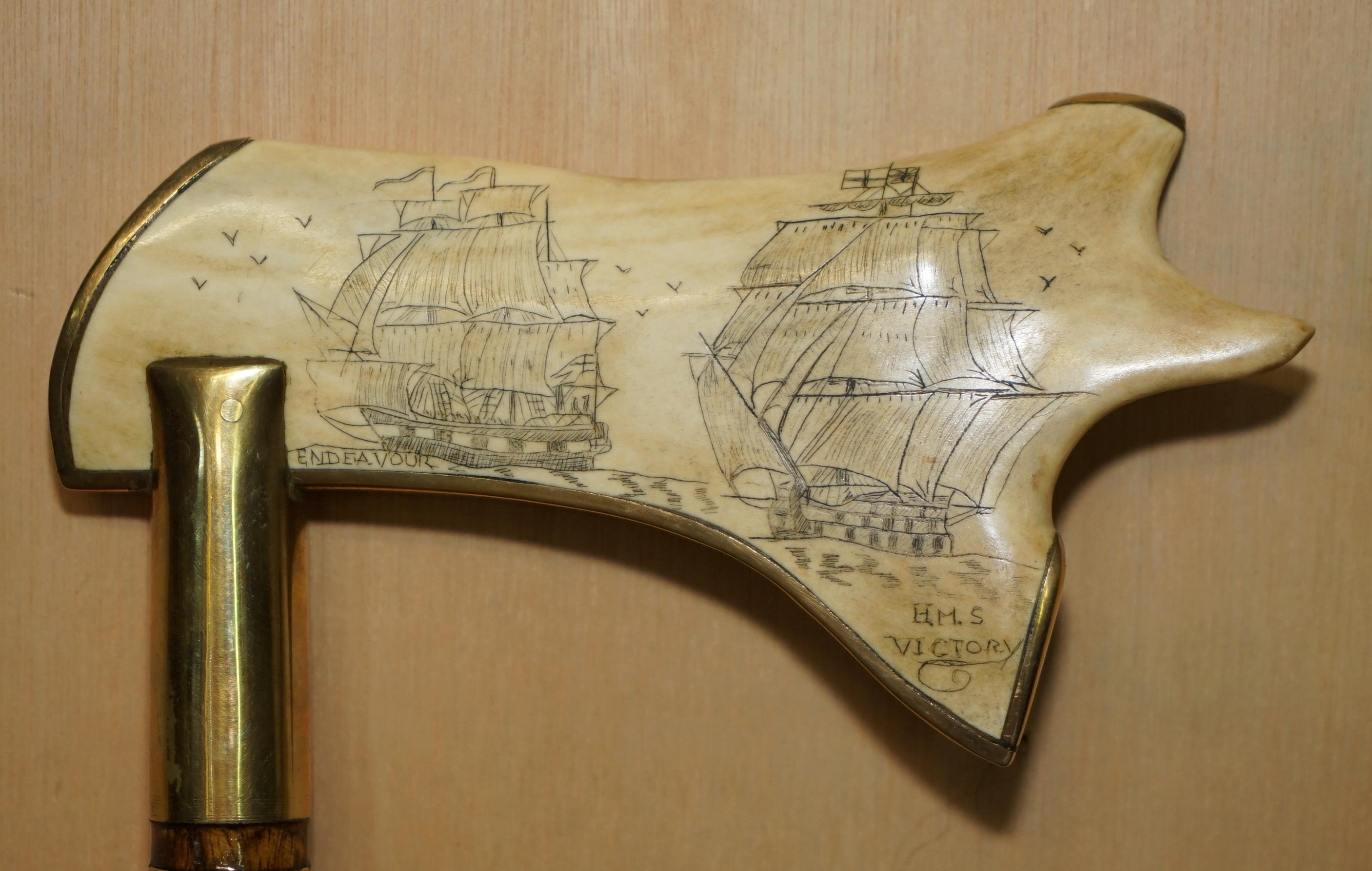 ANTiQUE HAND CARVED SAILORS WALKING STICK OF H.M.S VICTORY ENDEAVOUR CUTTY SARK For Sale 1
