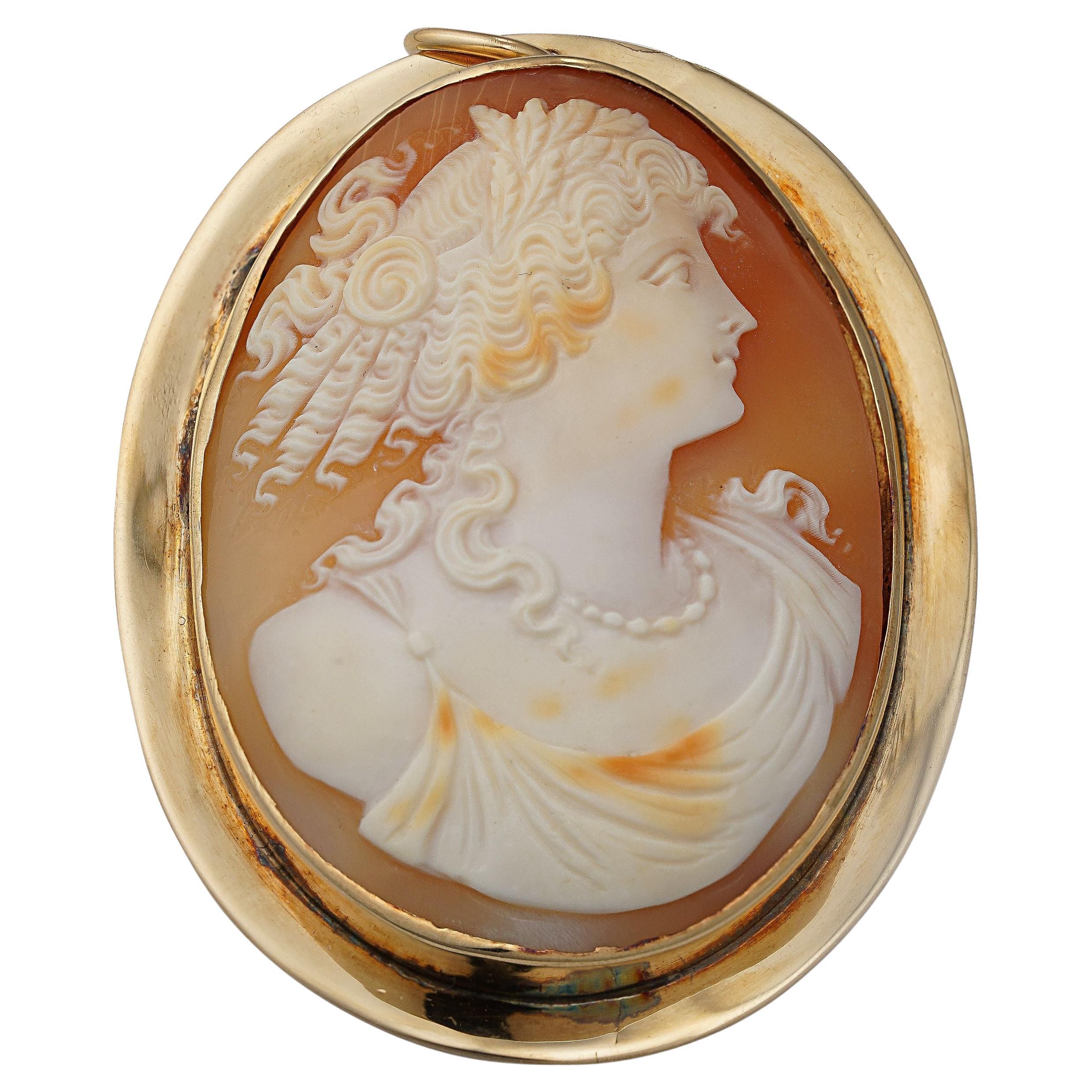 Antique Hand Carved Shell Portrait Cameo Gold Pin Pendant Estate Fine Jewelry For Sale