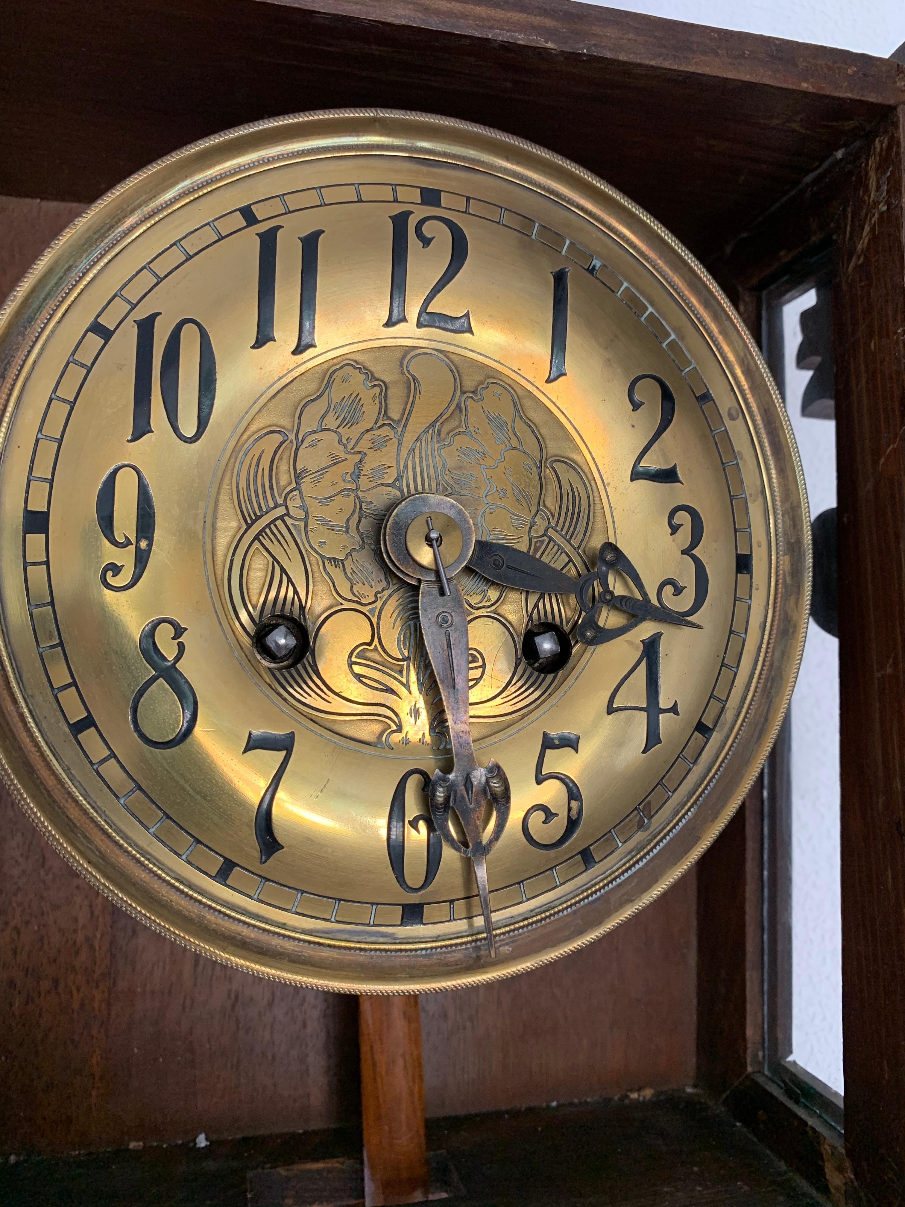 Antique Hand Carved Solid Nutwood Jugendstil Wall Clock with Rare Flower Design 4