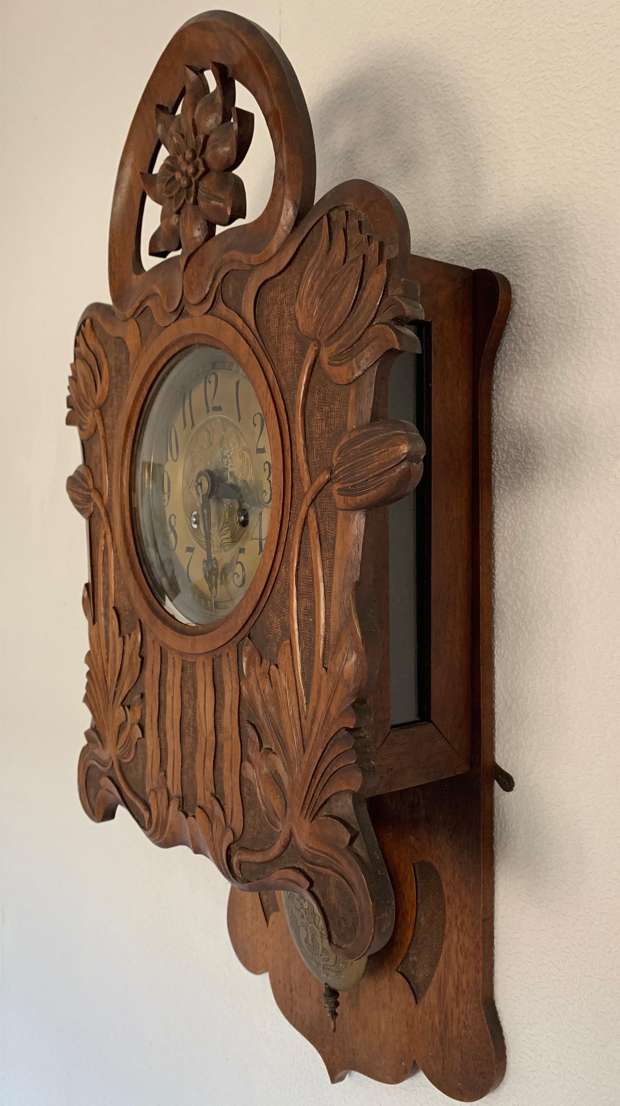 German Antique Hand Carved Solid Nutwood Jugendstil Wall Clock with Rare Flower Design